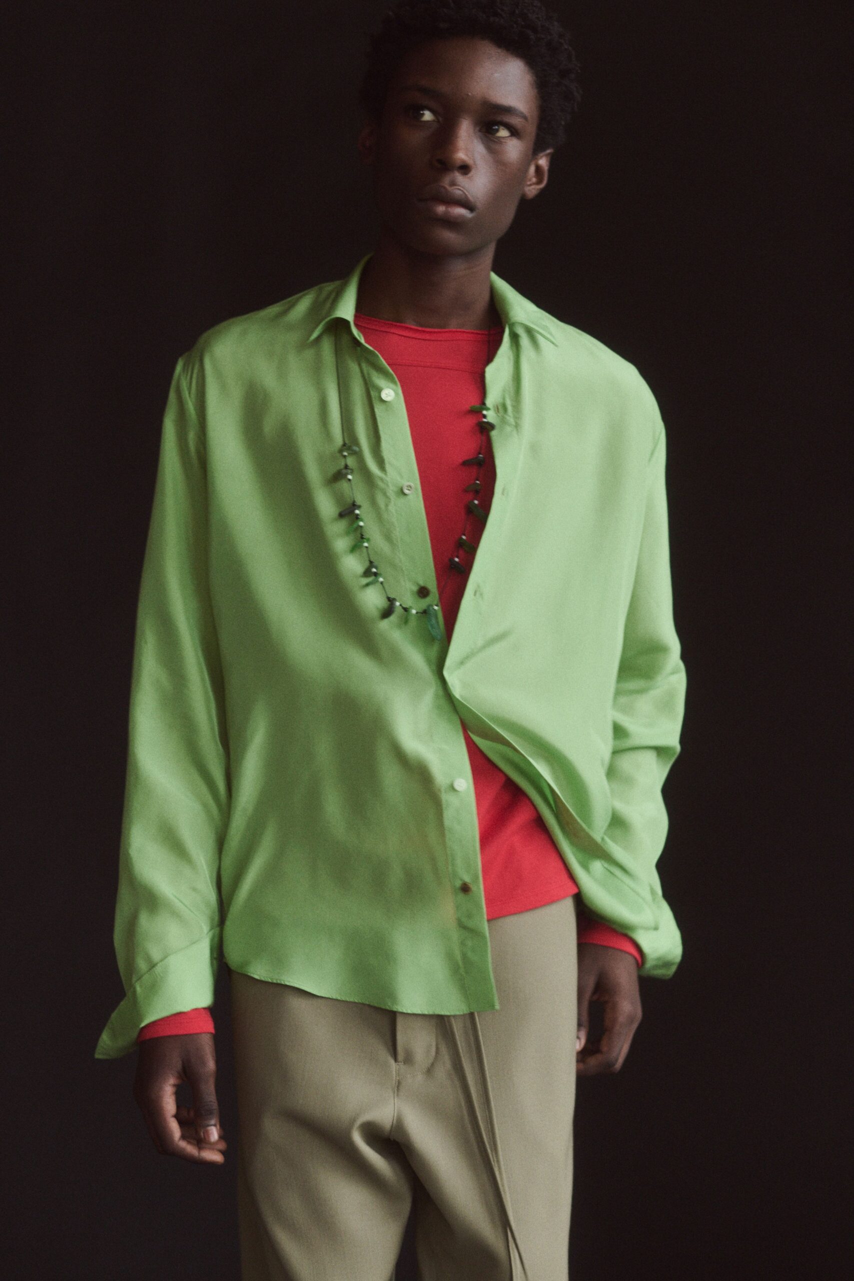 green silk long-sleeve collared relaxed shirt