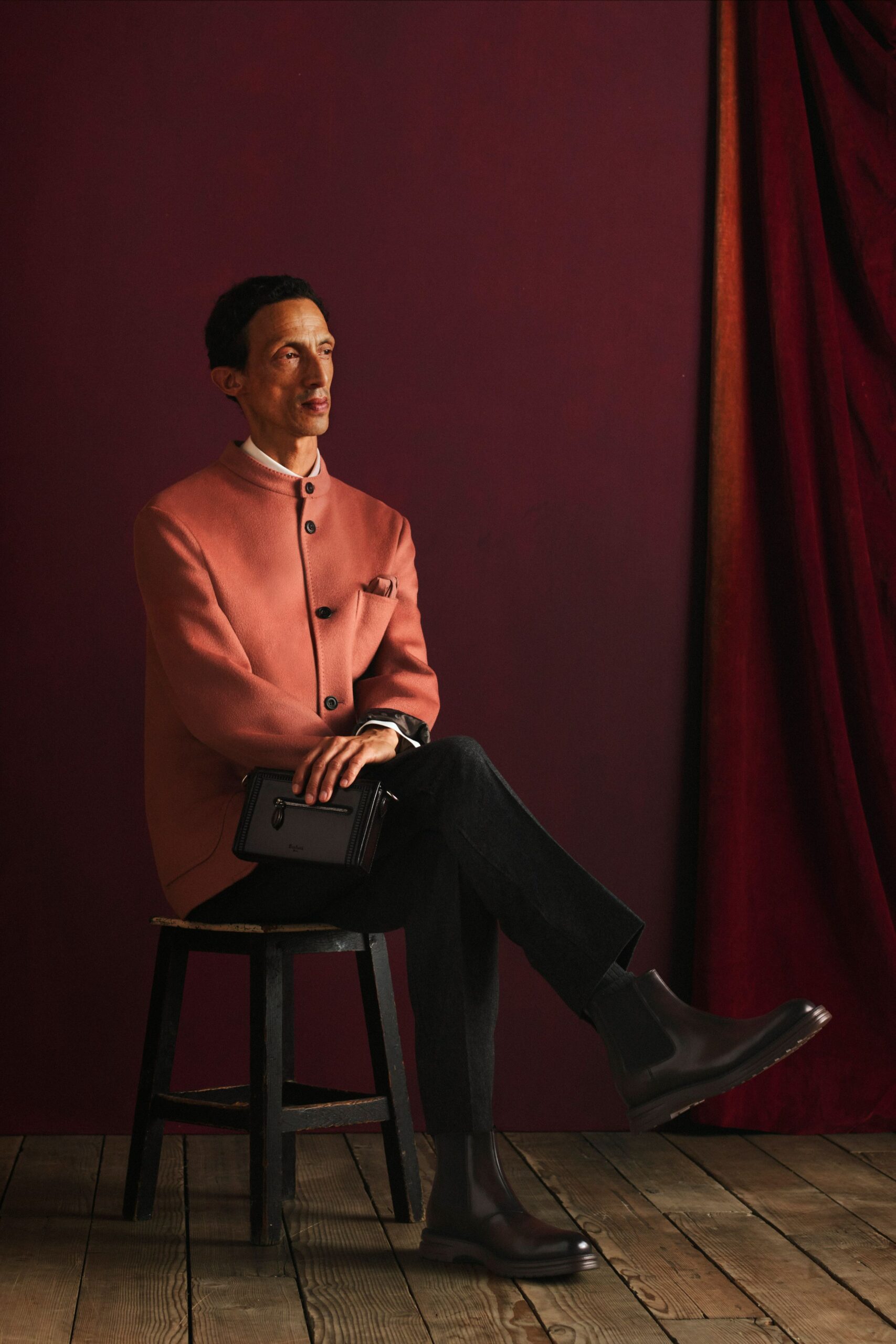 pink wool long-sleeve collared tailored buttoned jacket