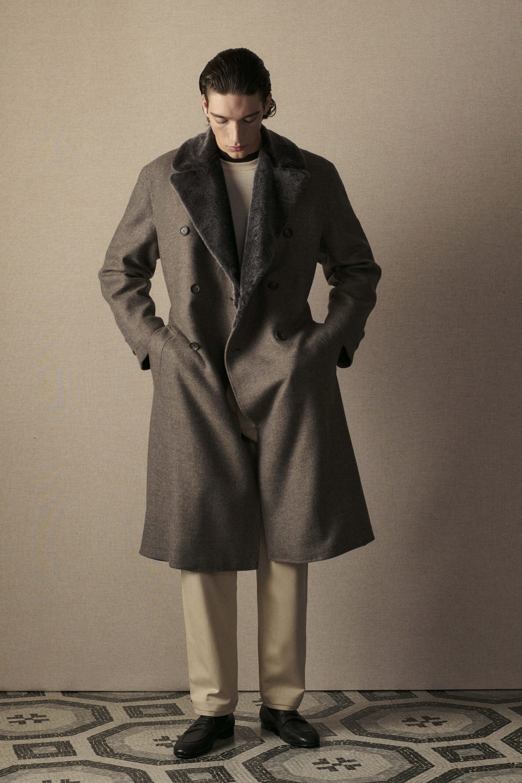 brown wool long-sleeve collared structured midi coat