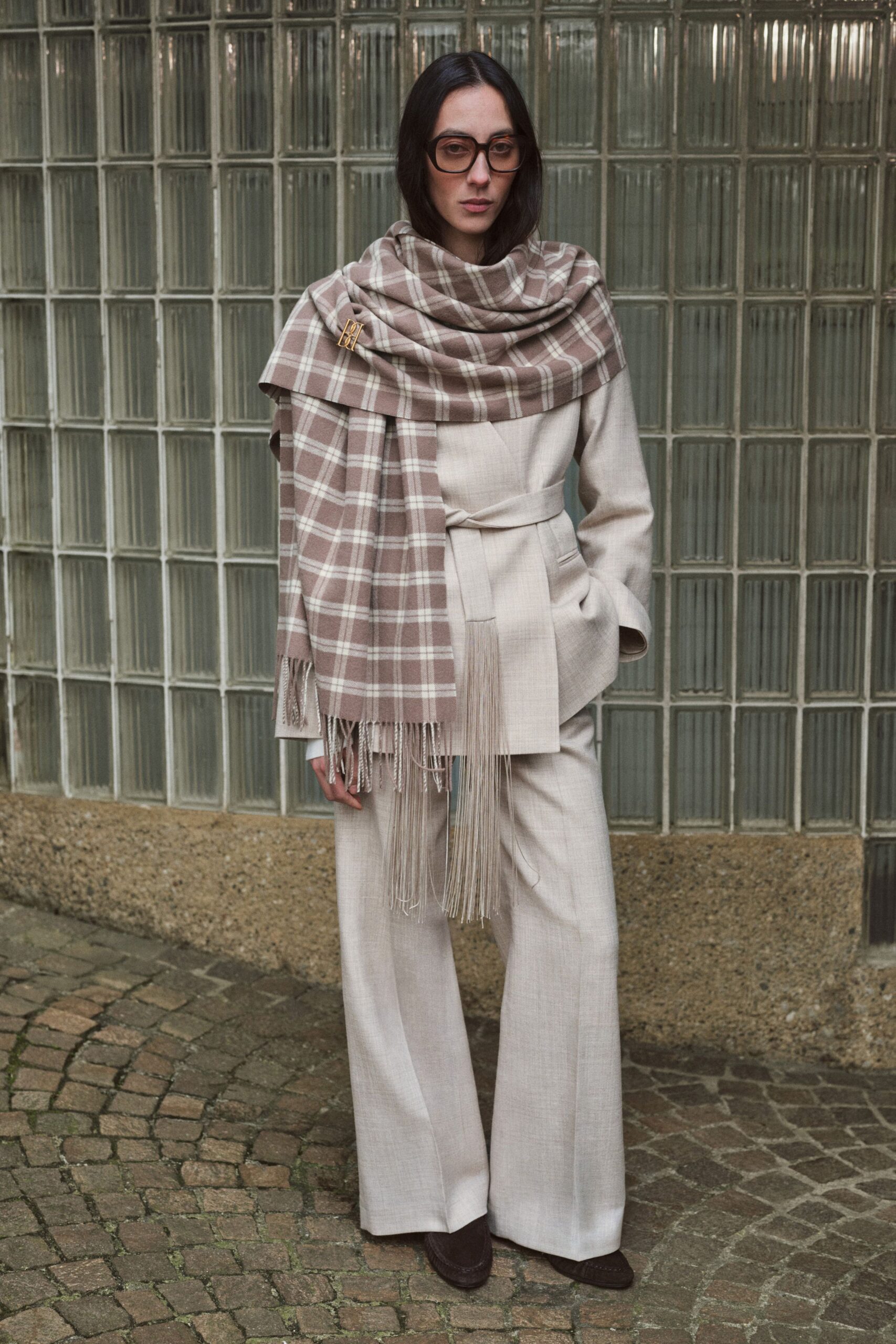 beige tailored blazer and pants