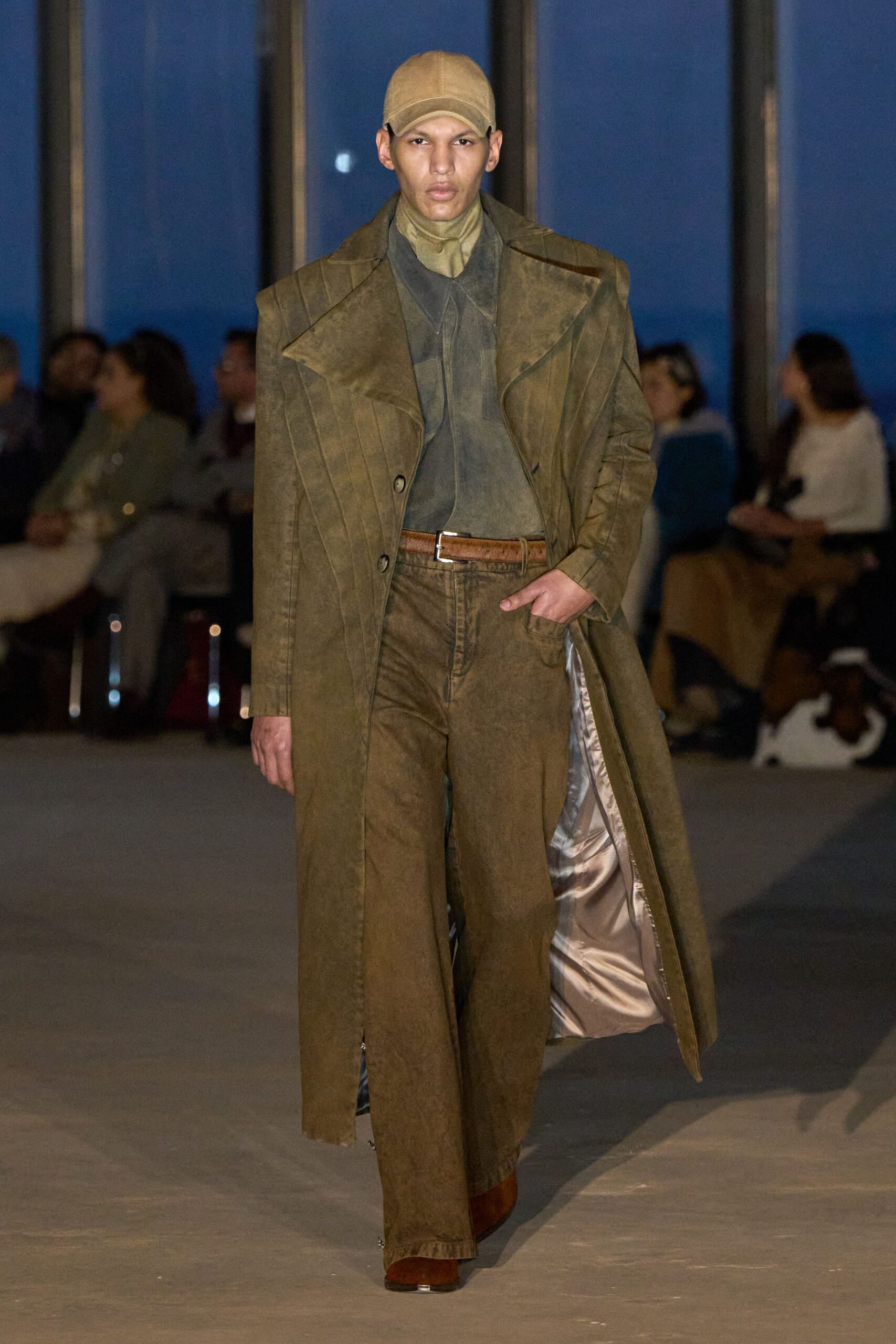 brown leather long-sleeve collared relaxed buttoned maxi coat