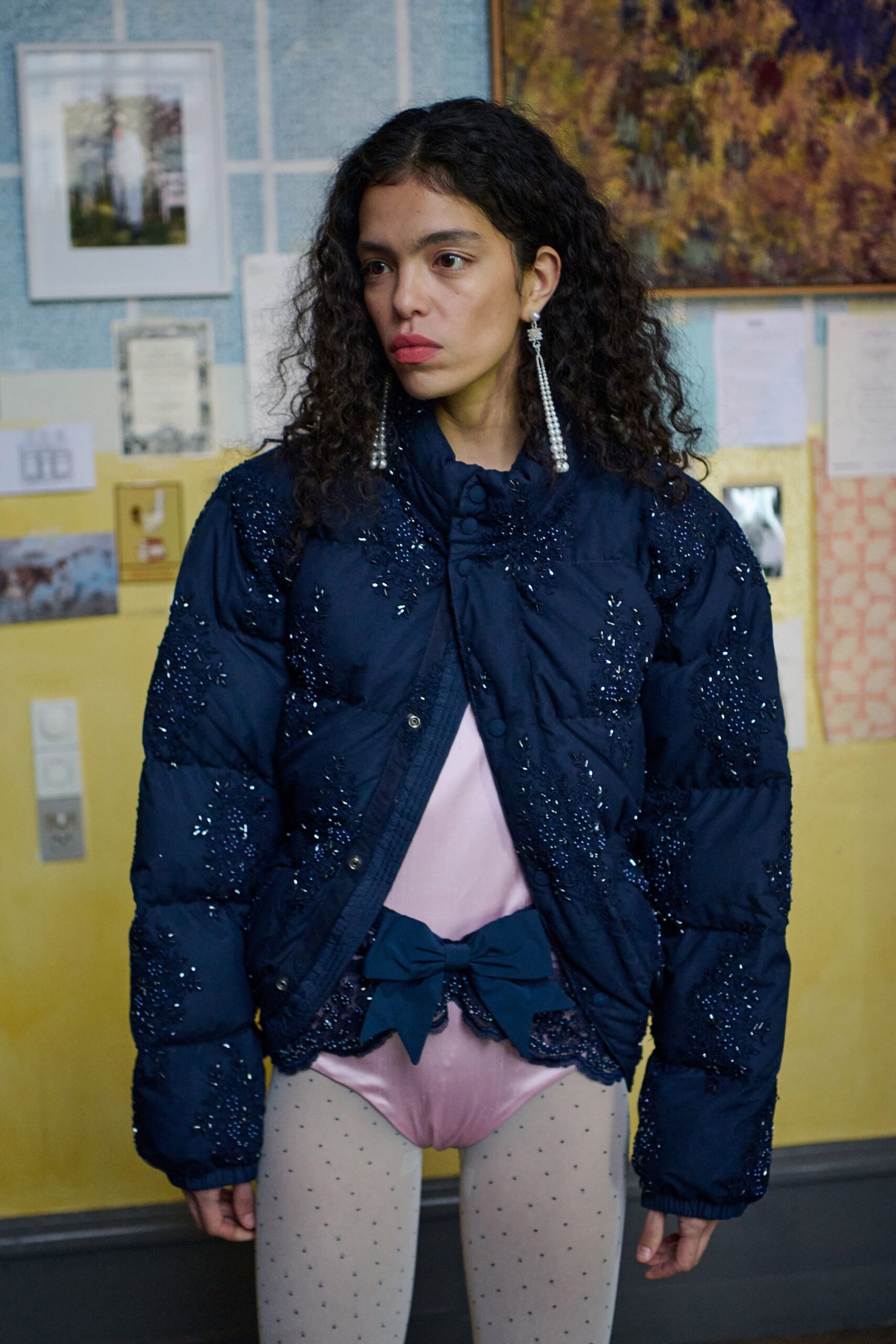 blue jersey long-sleeve collared oversized embellished jacket