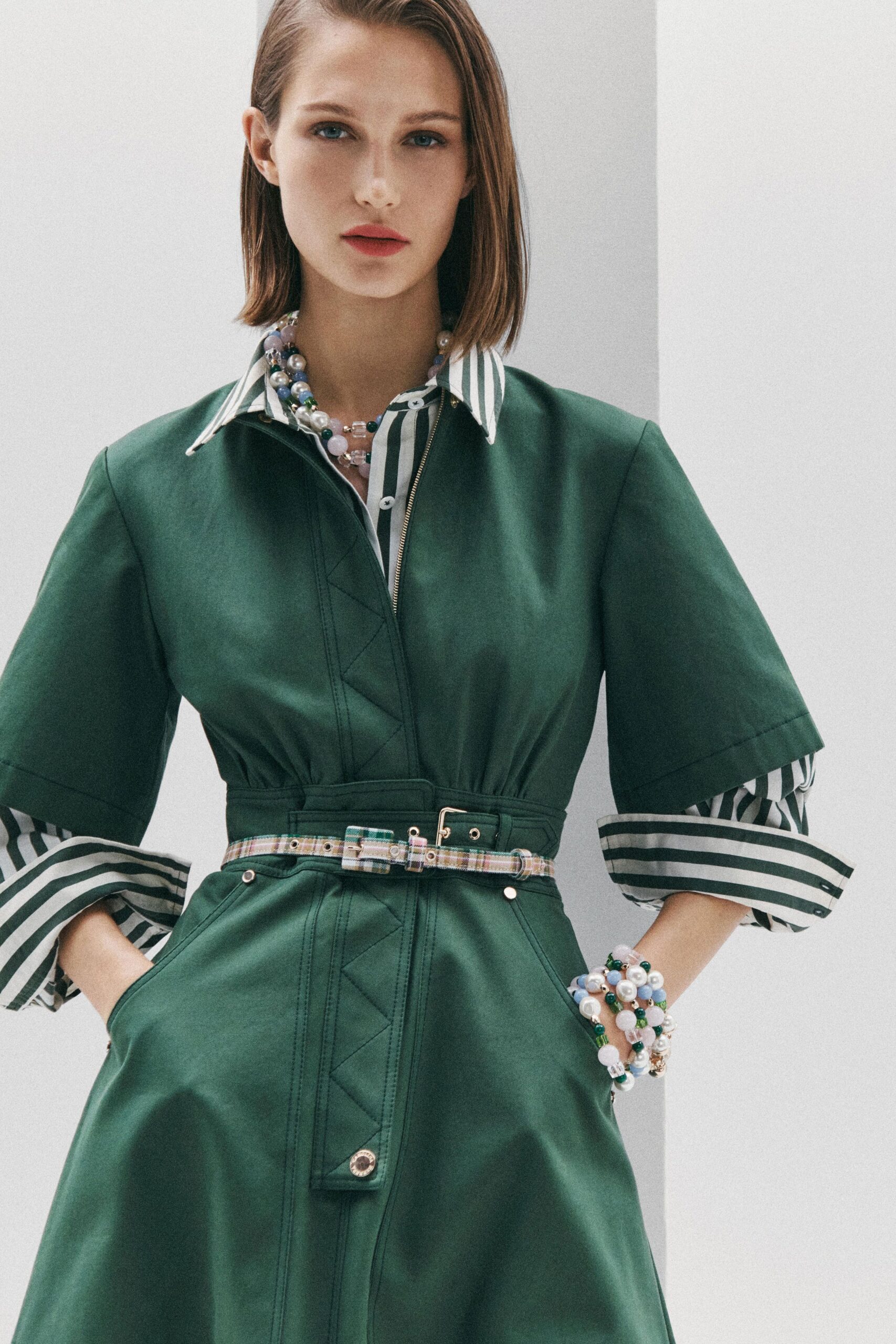 green belted midi dress