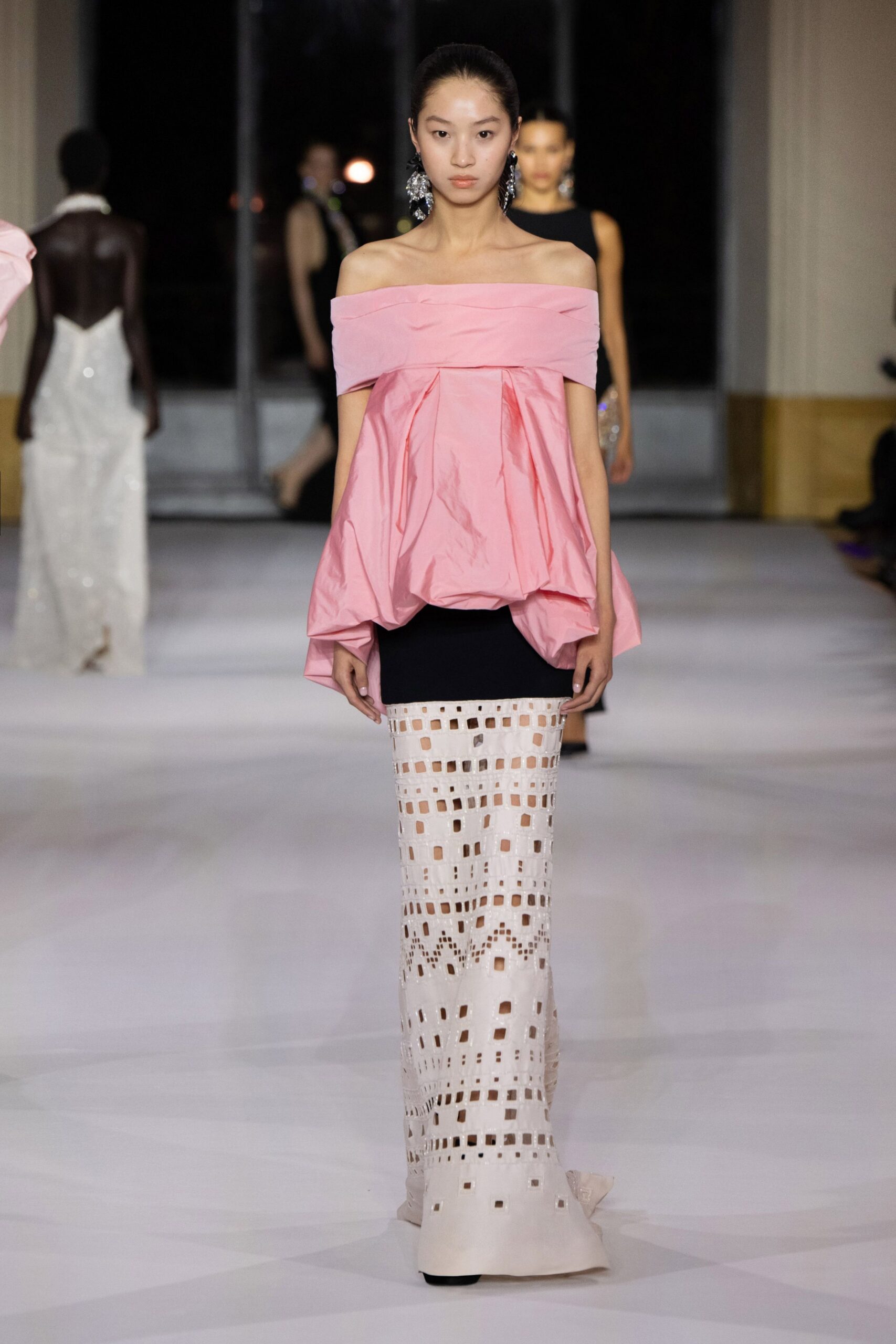 pink off-shoulder top with white cutout skirt