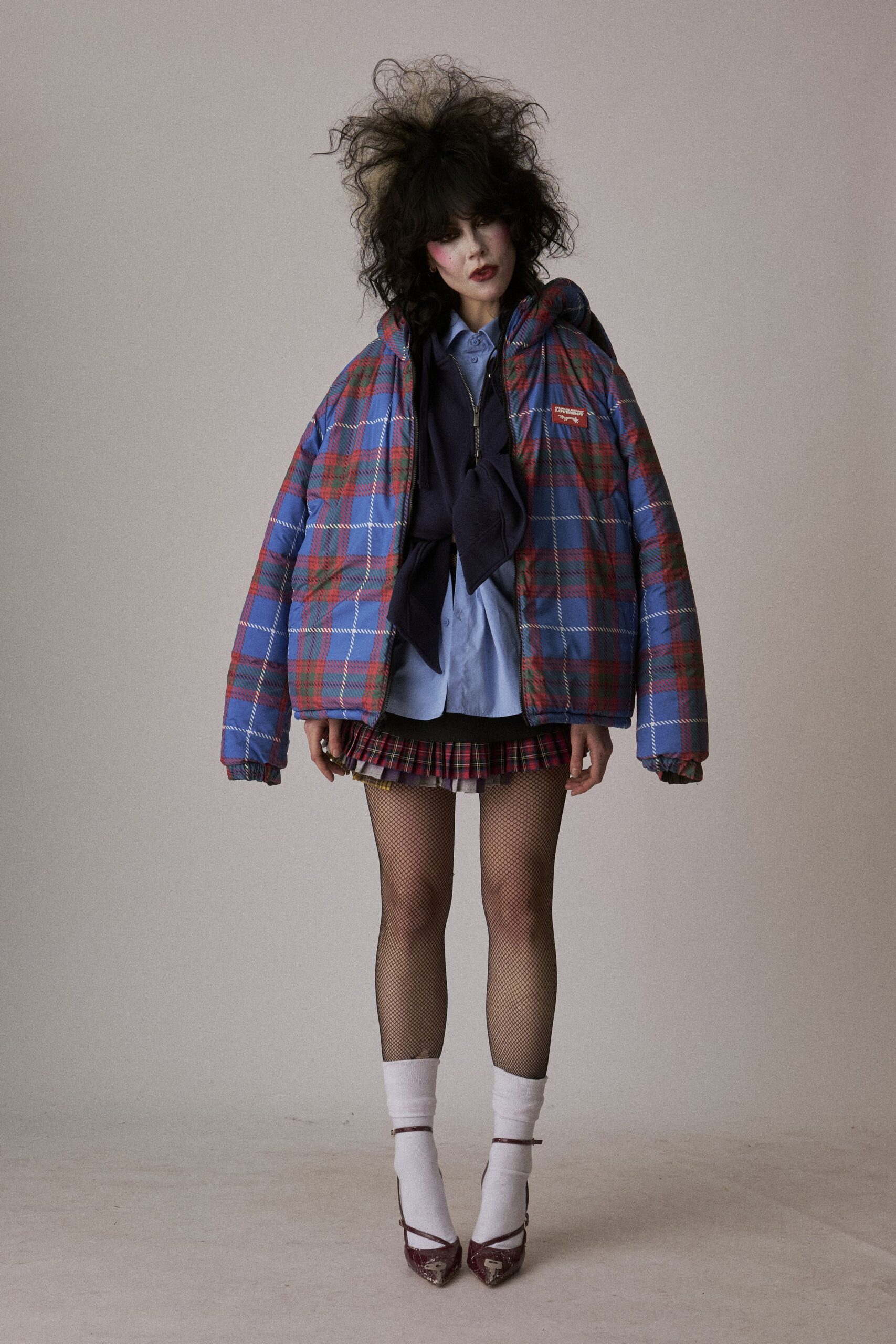 oversized plaid jacket with mini skirt