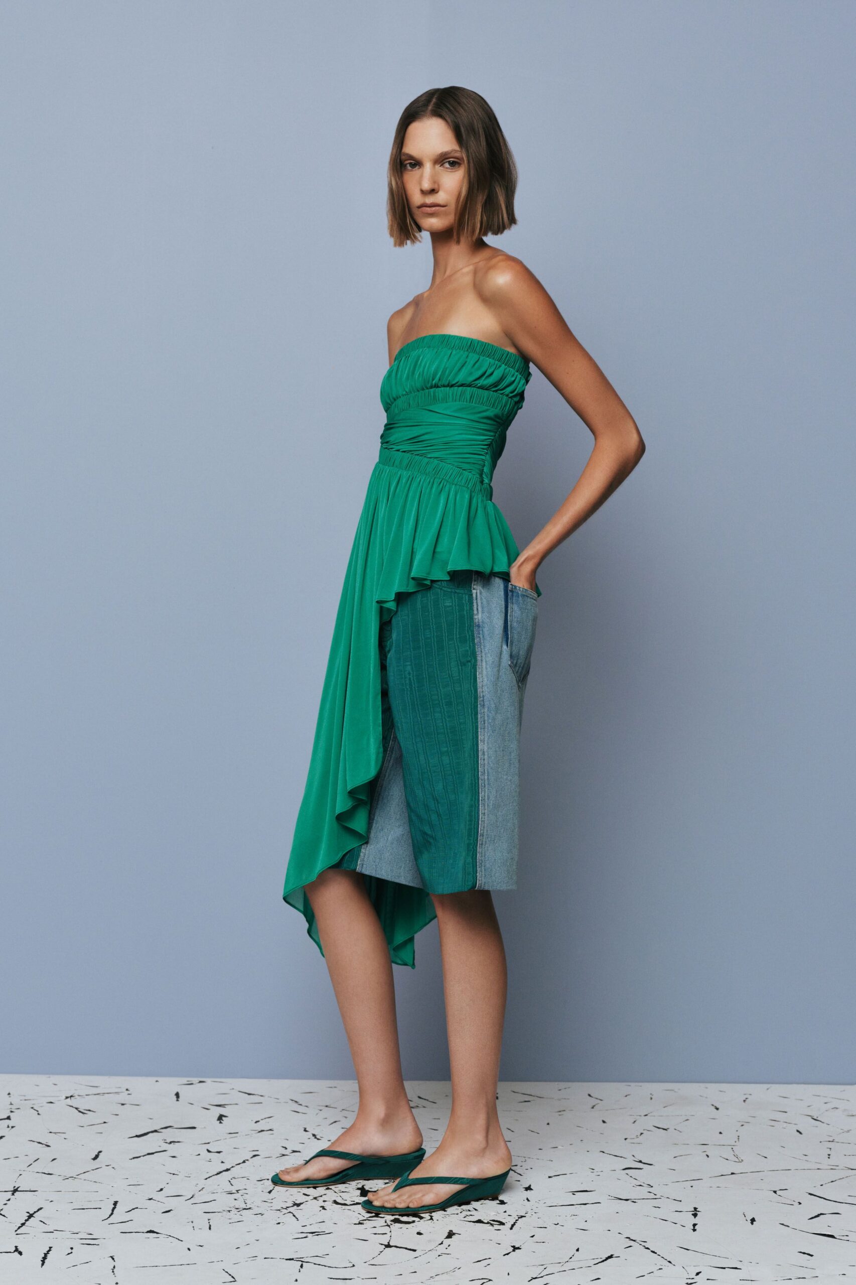 green cotton strapless asymmetric fitted ruched layered dress