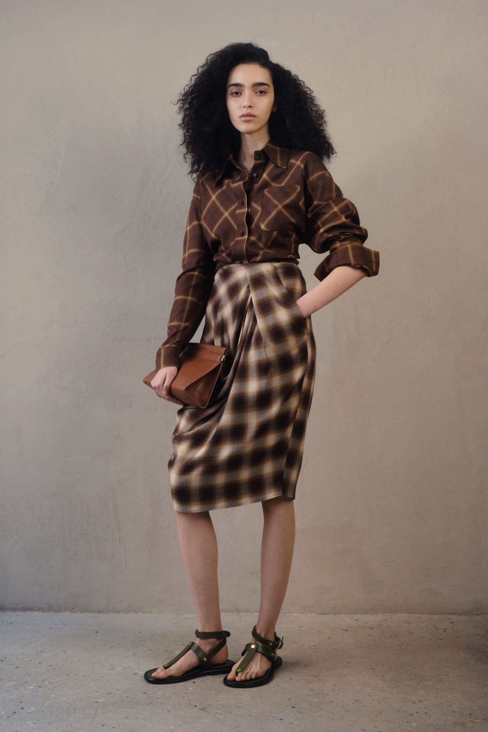 brown checked shirt and midi skirt