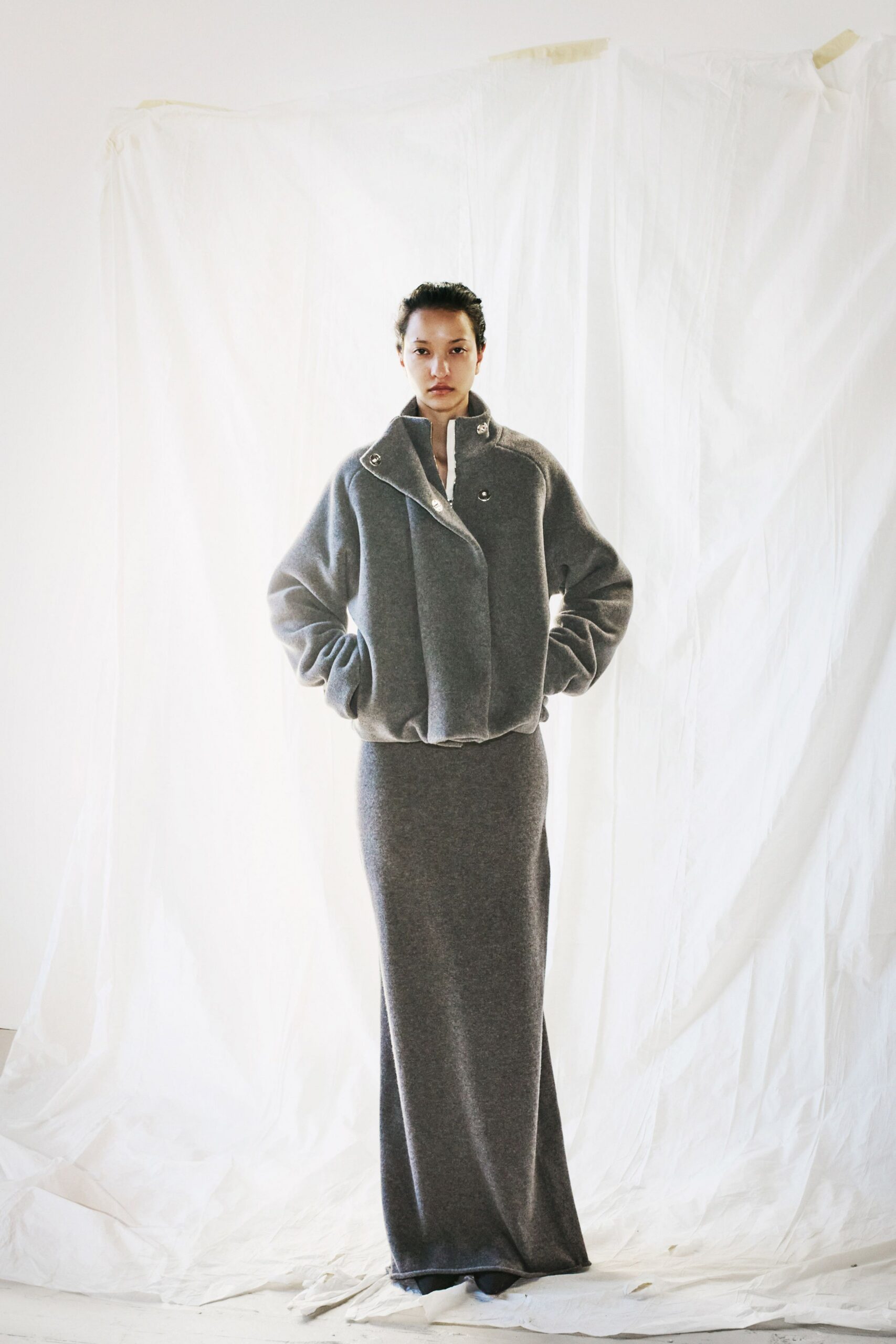 gray wool fitted straight-leg maxi skirt