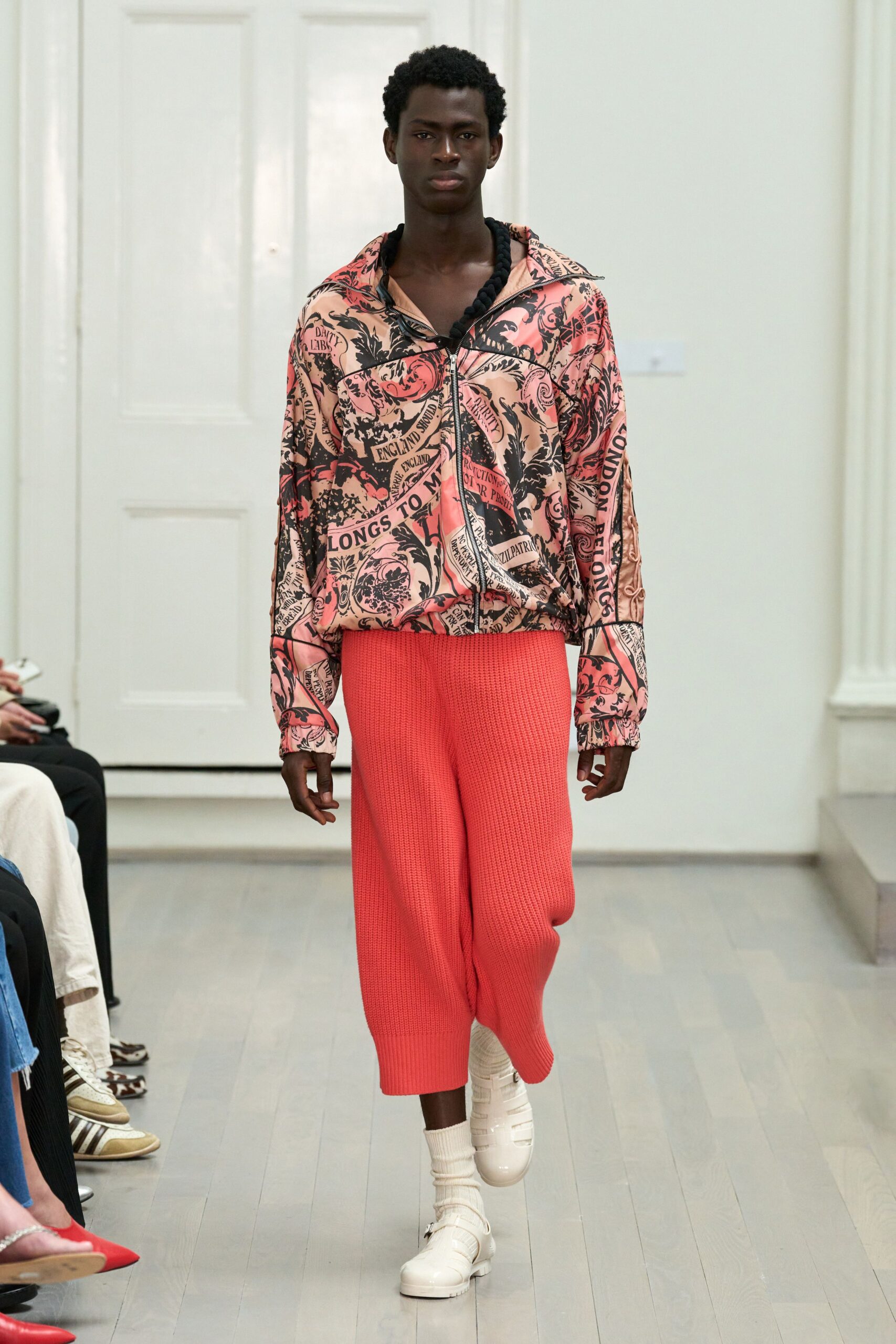 pink printed jacket coral pants