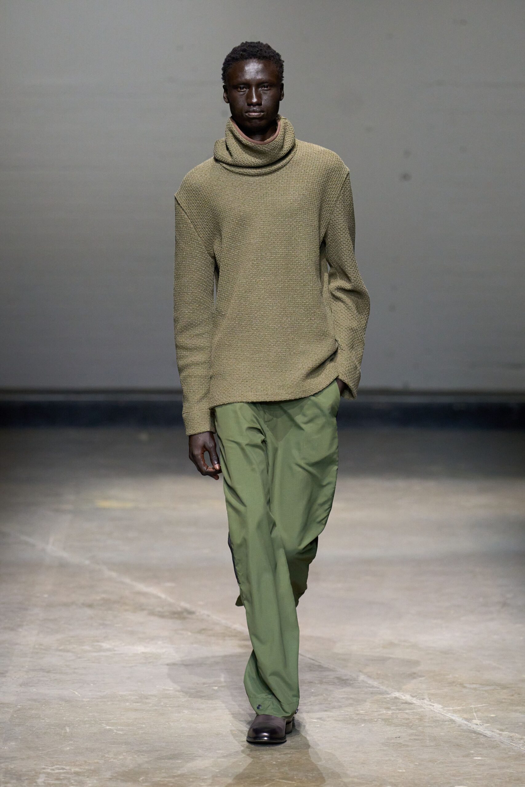 green cotton long-sleeve turtleneck relaxed textured sweater
