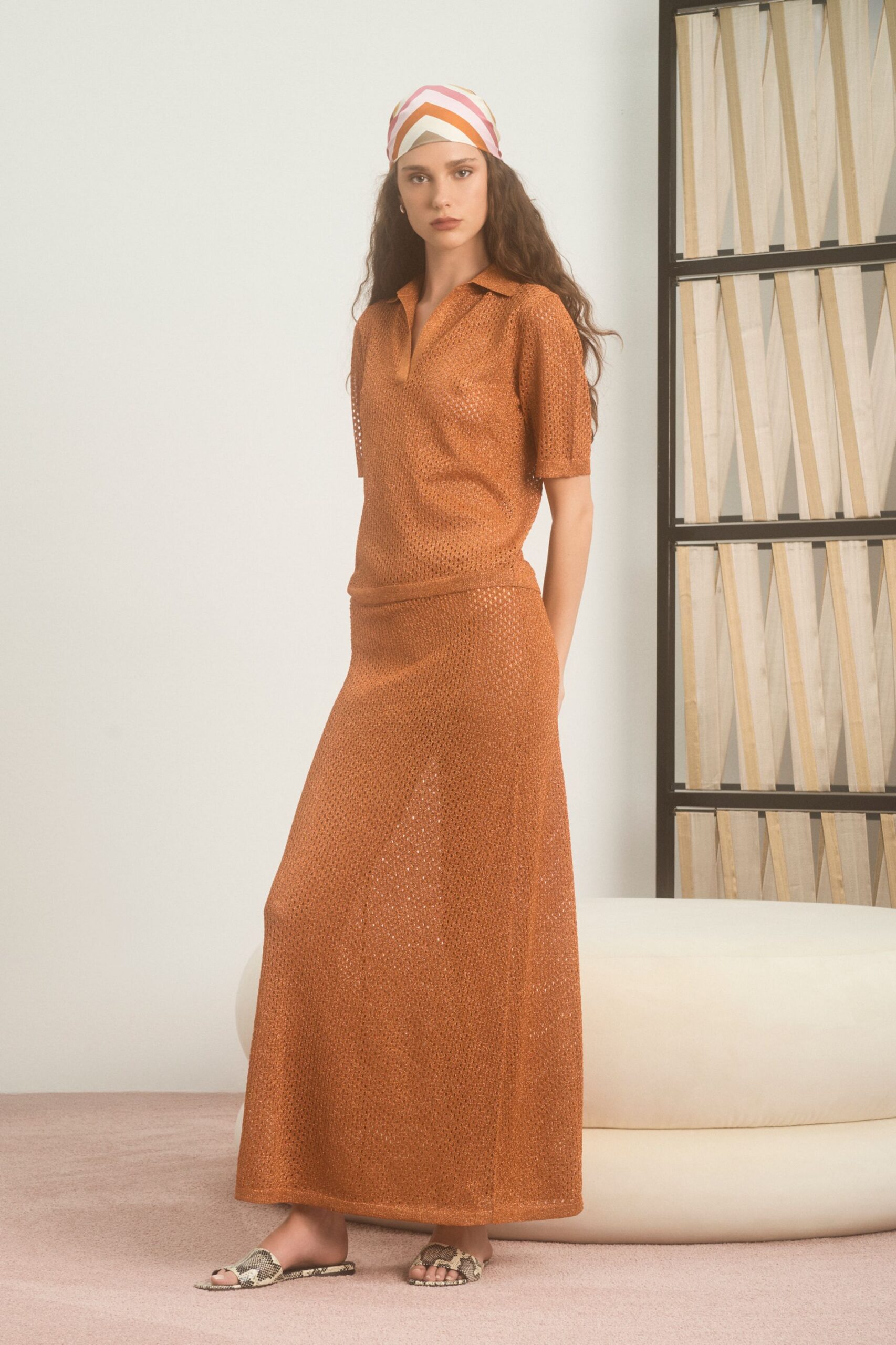 orange textured top and skirt