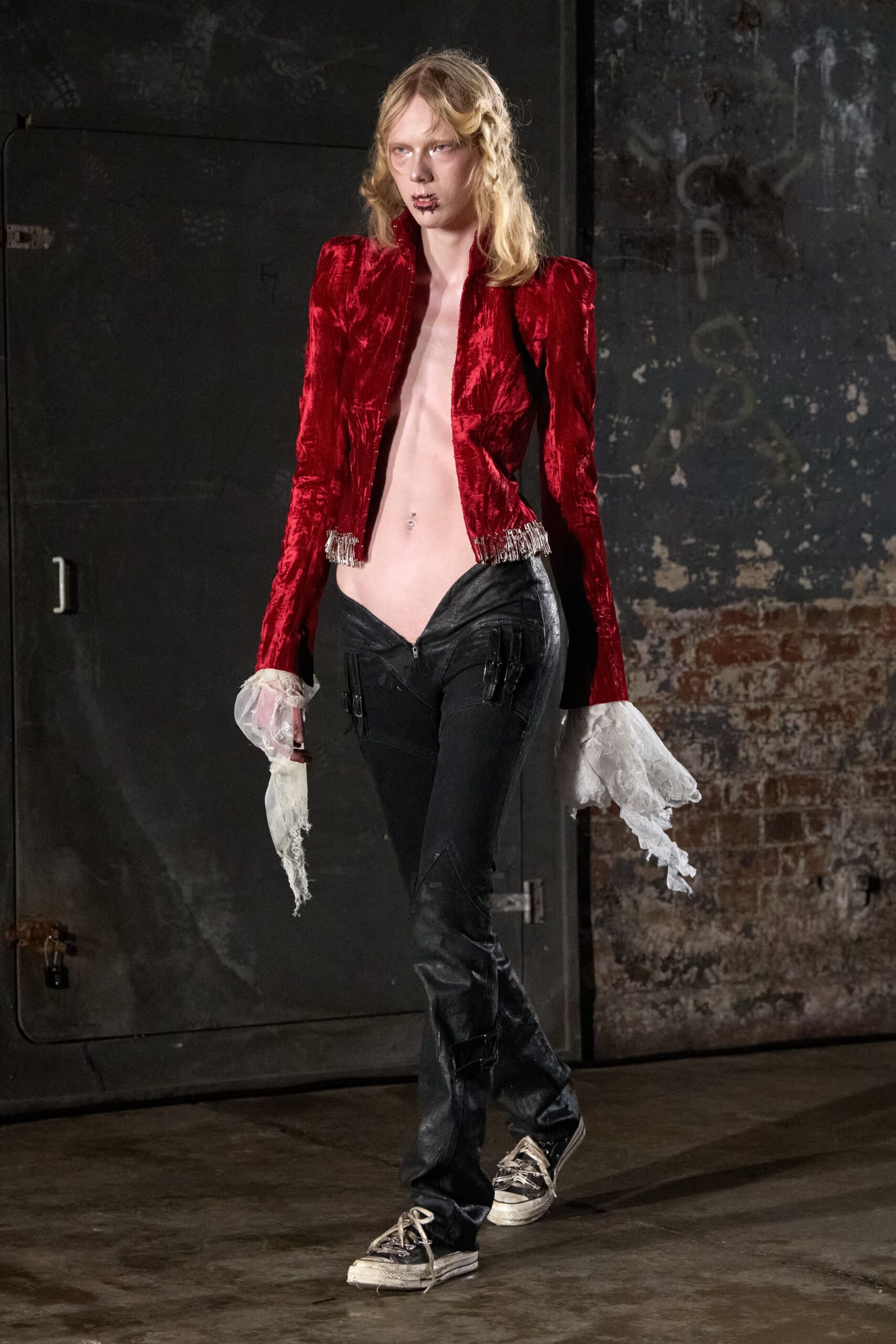 red velvet long-sleeve collared fitted ruffled jacket