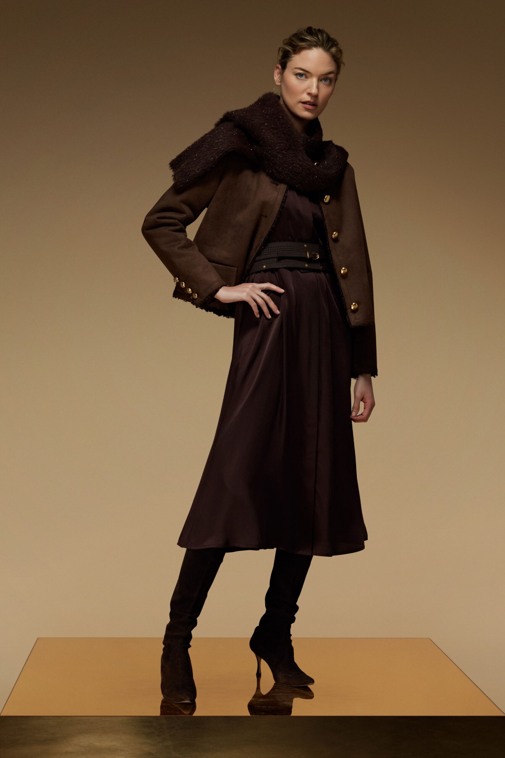 brown suede long-sleeve collared structured buttoned jacket