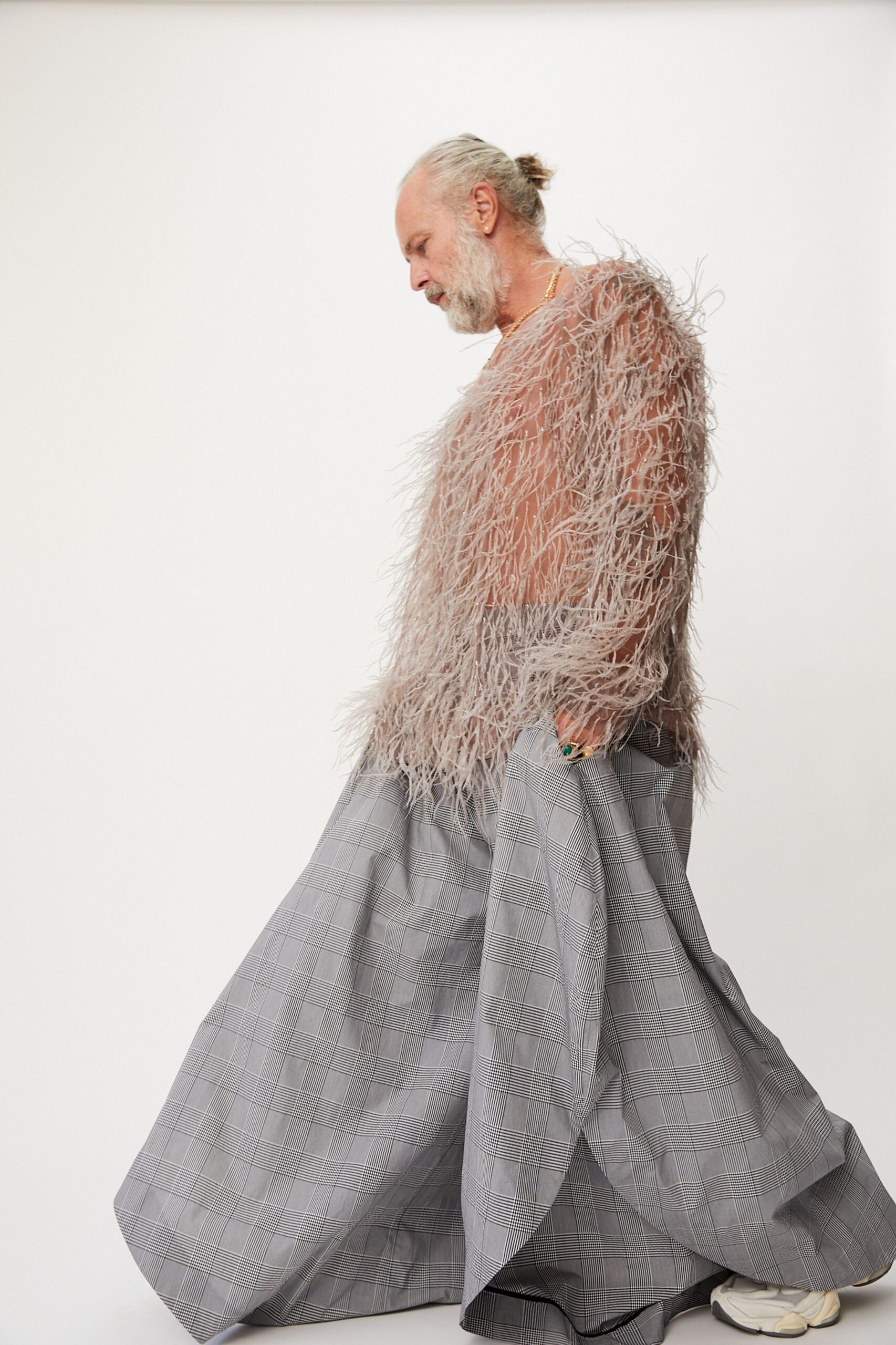 gray cotton fitted checked pleated maxi skirt