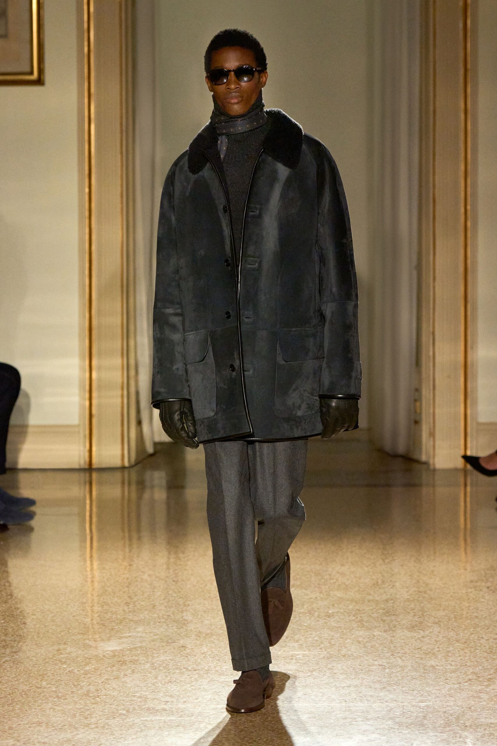 black leather coat with gray turtleneck
