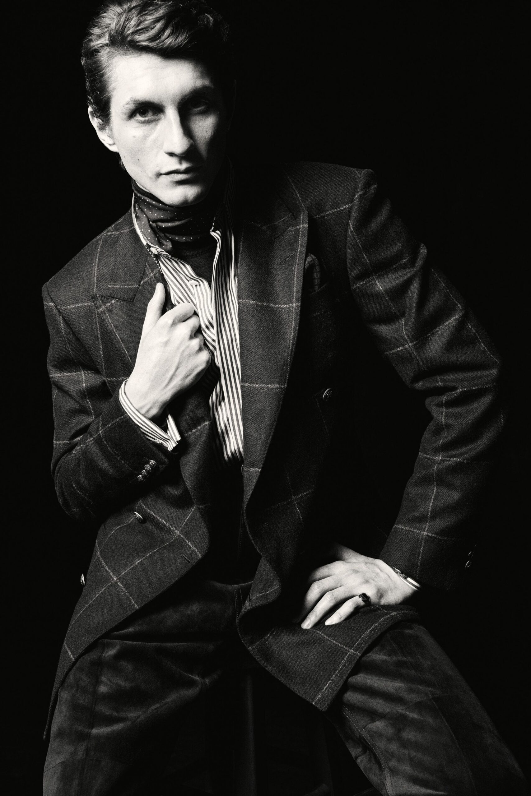 black tailored blazer with scarf