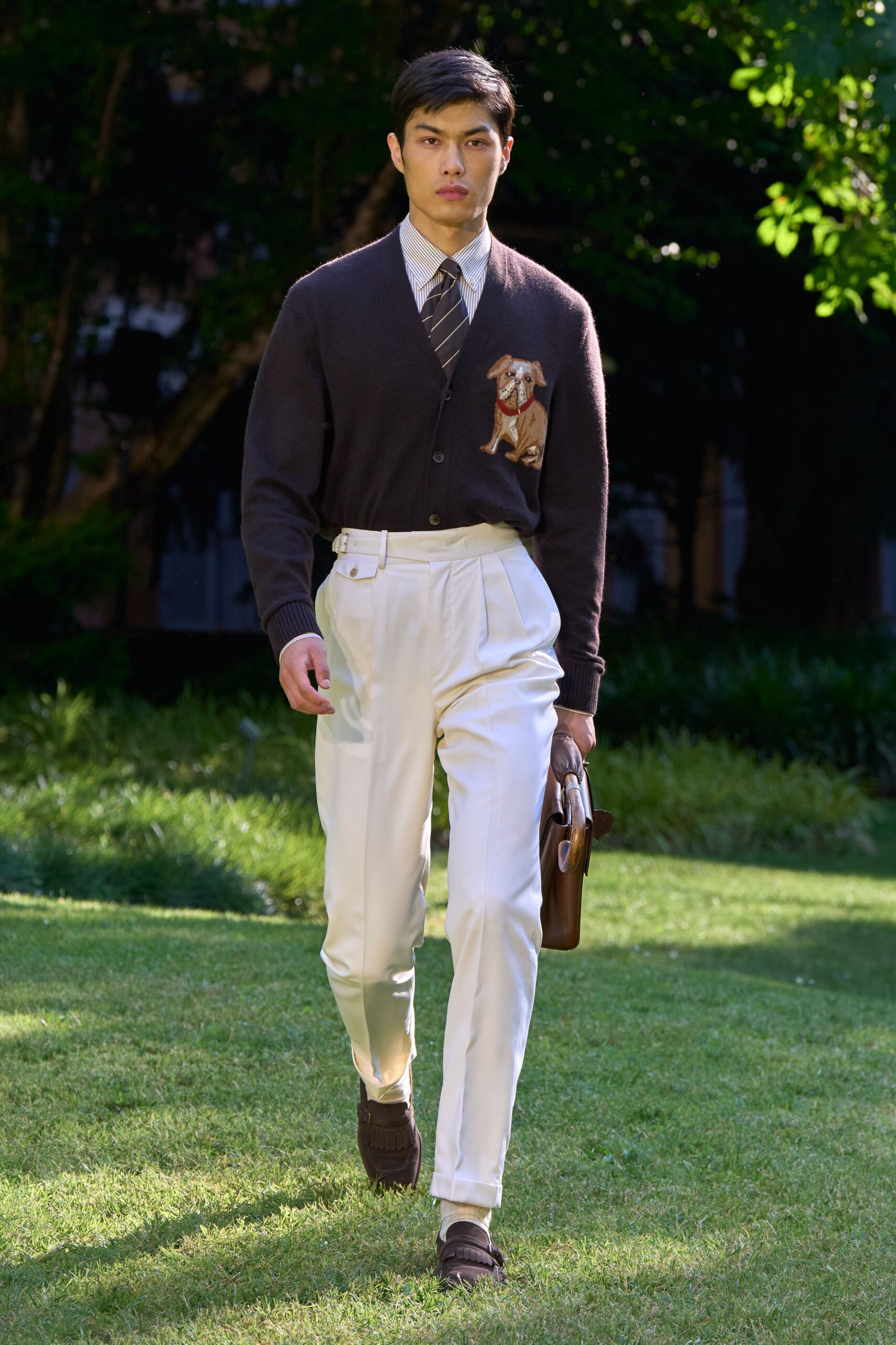 brown wool cardigan with embroidered detail