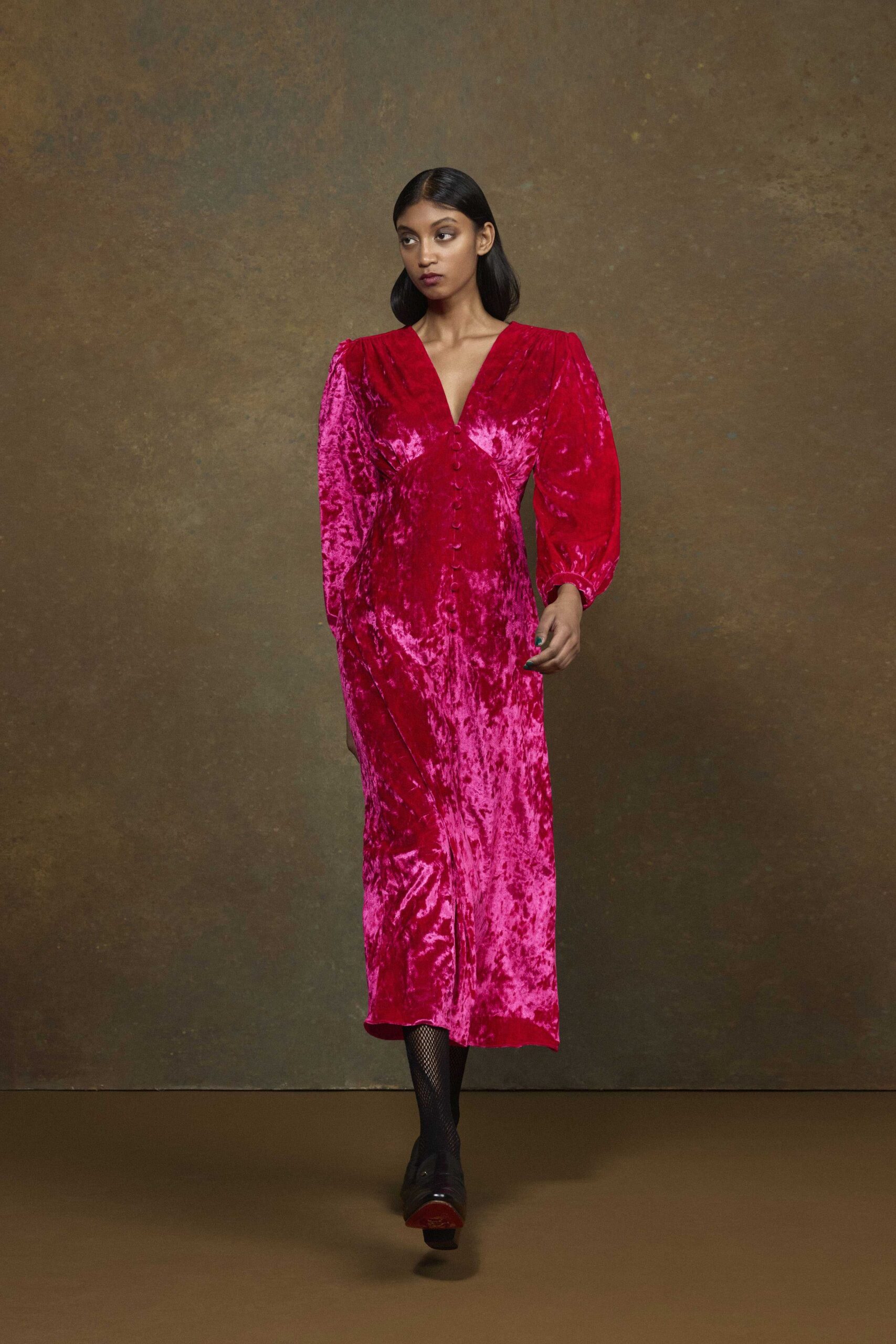 pink velvet long-sleeve v-neck fitted ruched shiny gown