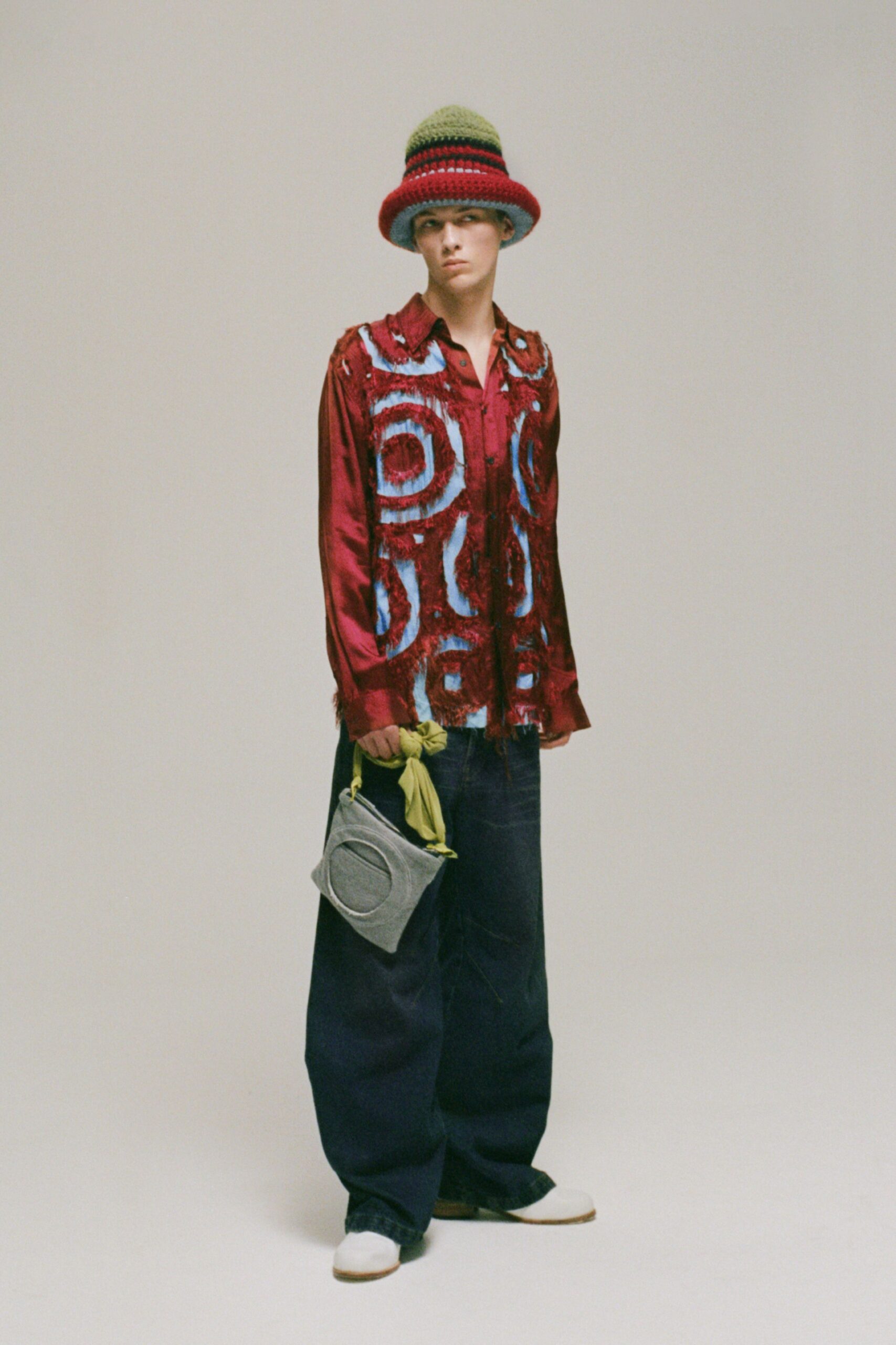 red silk long-sleeve collared relaxed embroidered layered shirt