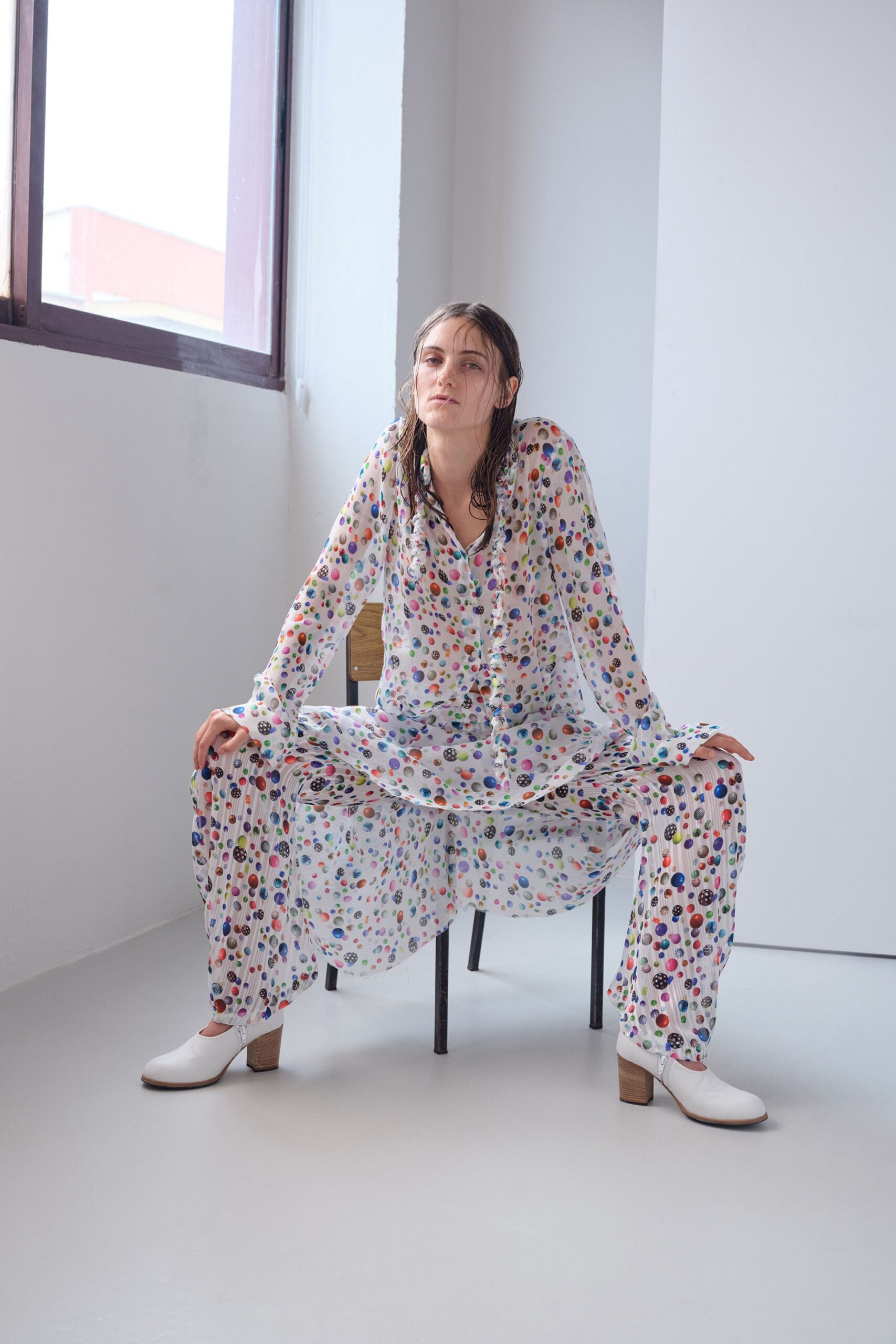 white chiffon long-sleeve collared relaxed floral sheer dress