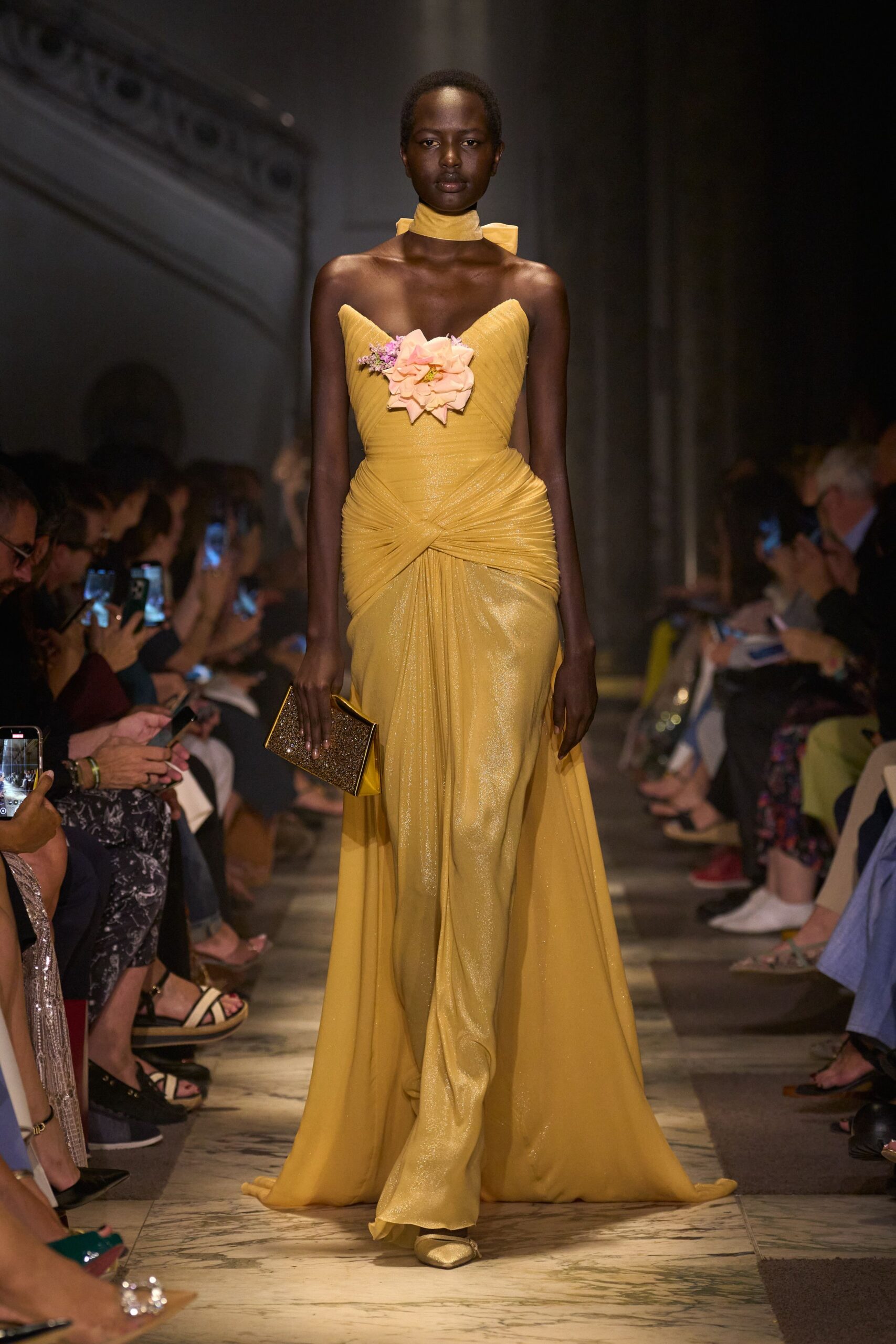 yellow silk sleeveless v-neck fitted ruched draped gown