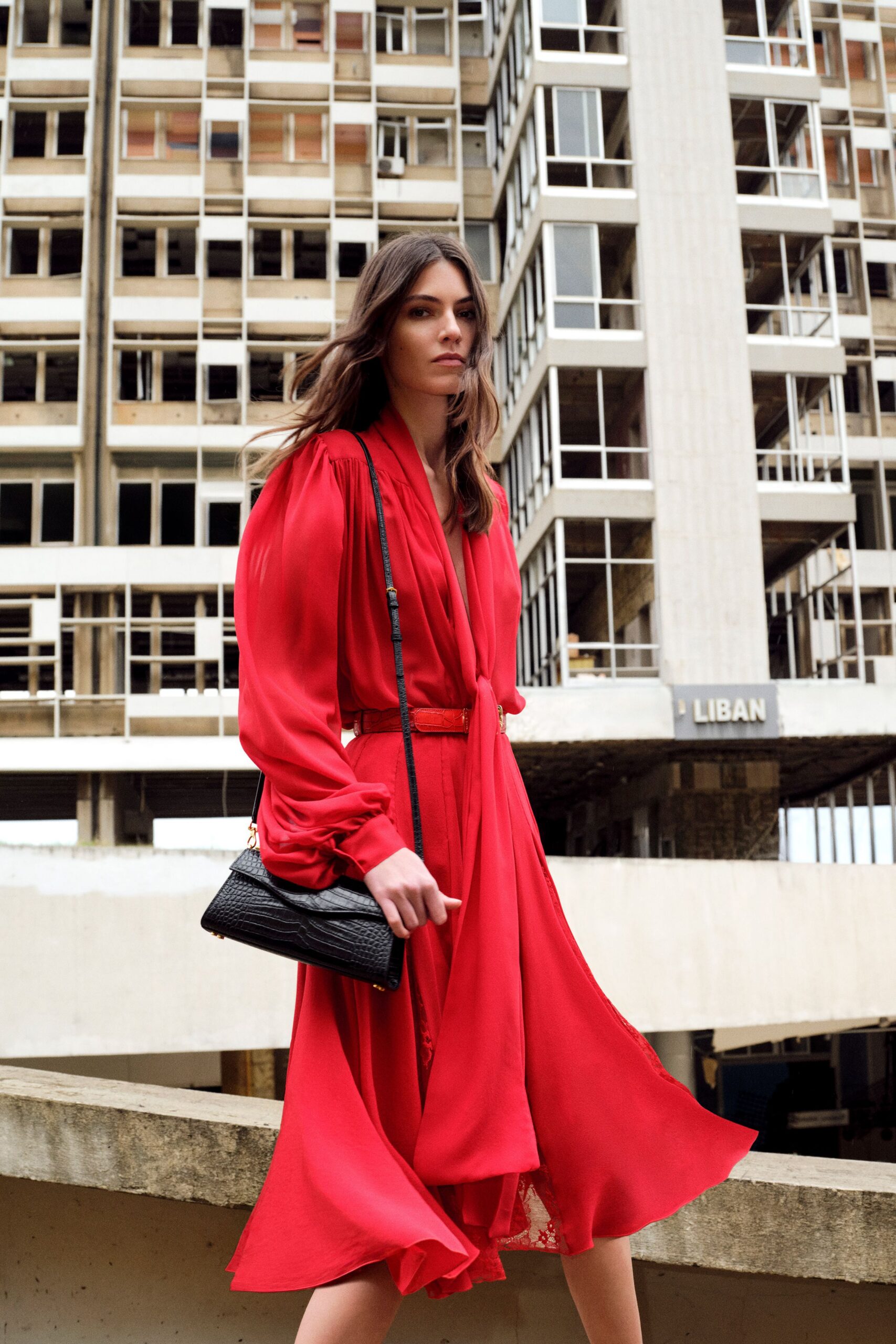 red silk midi dress with bag