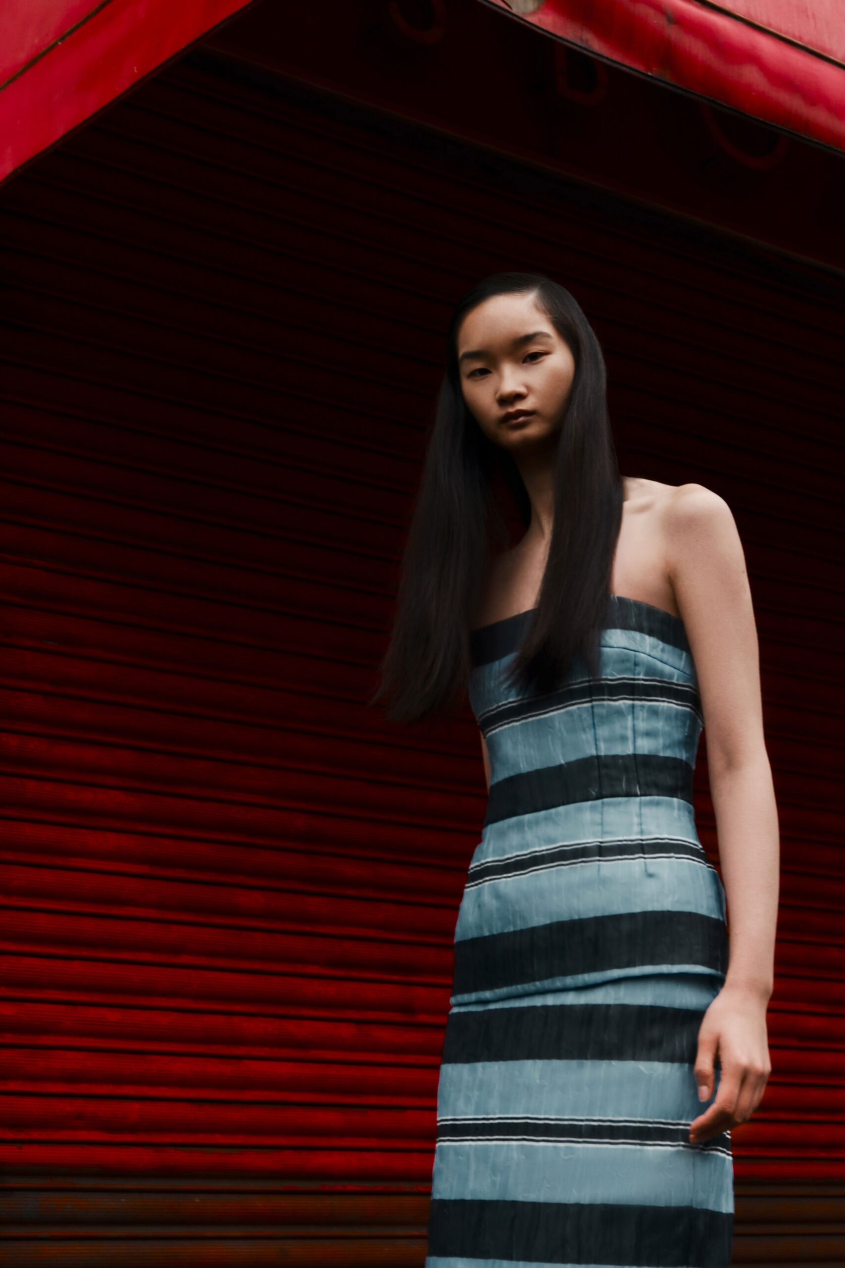 blue and black striped midi dress