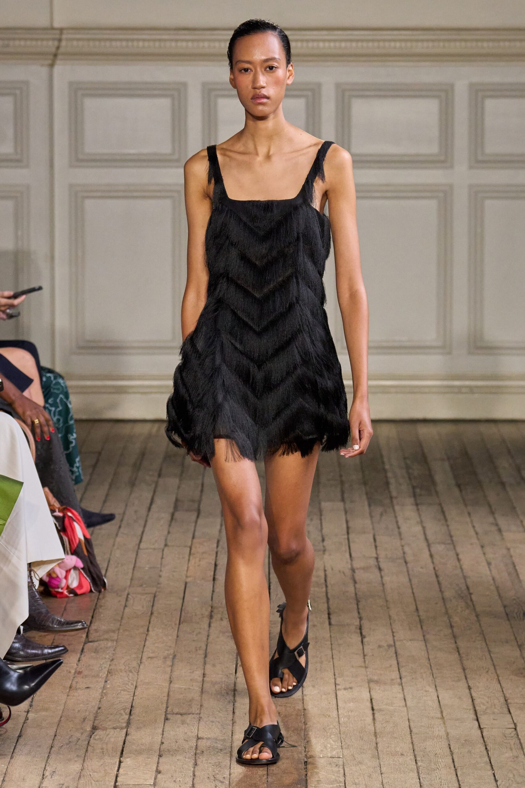 black fringed sleeveless dress