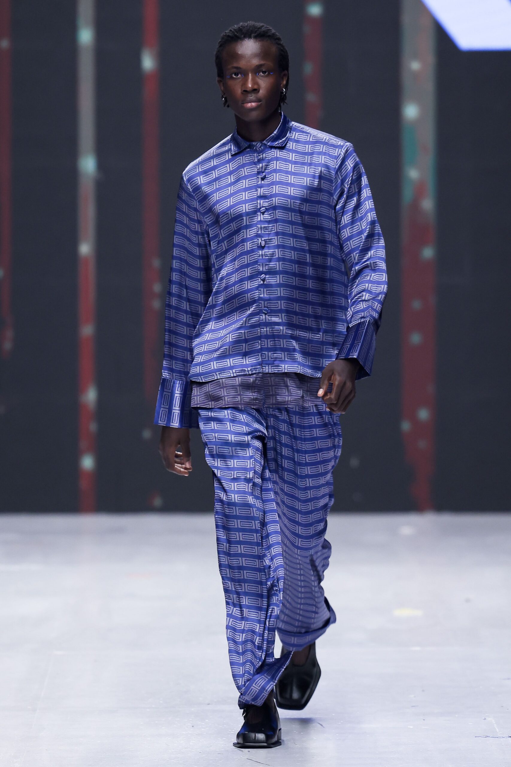 blue printed silk shirt and pants