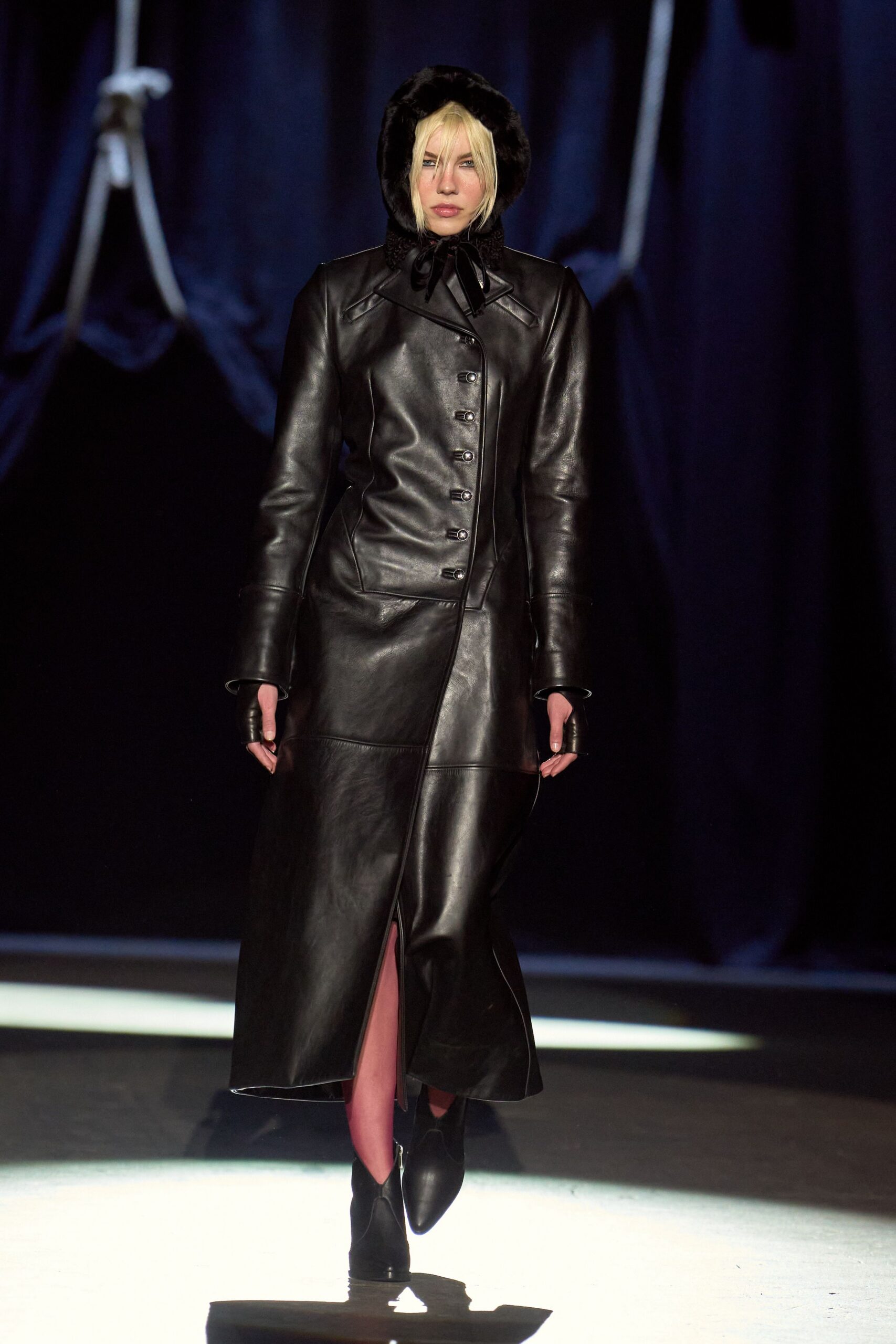 black leather long-sleeve collared fitted buttoned maxi coat