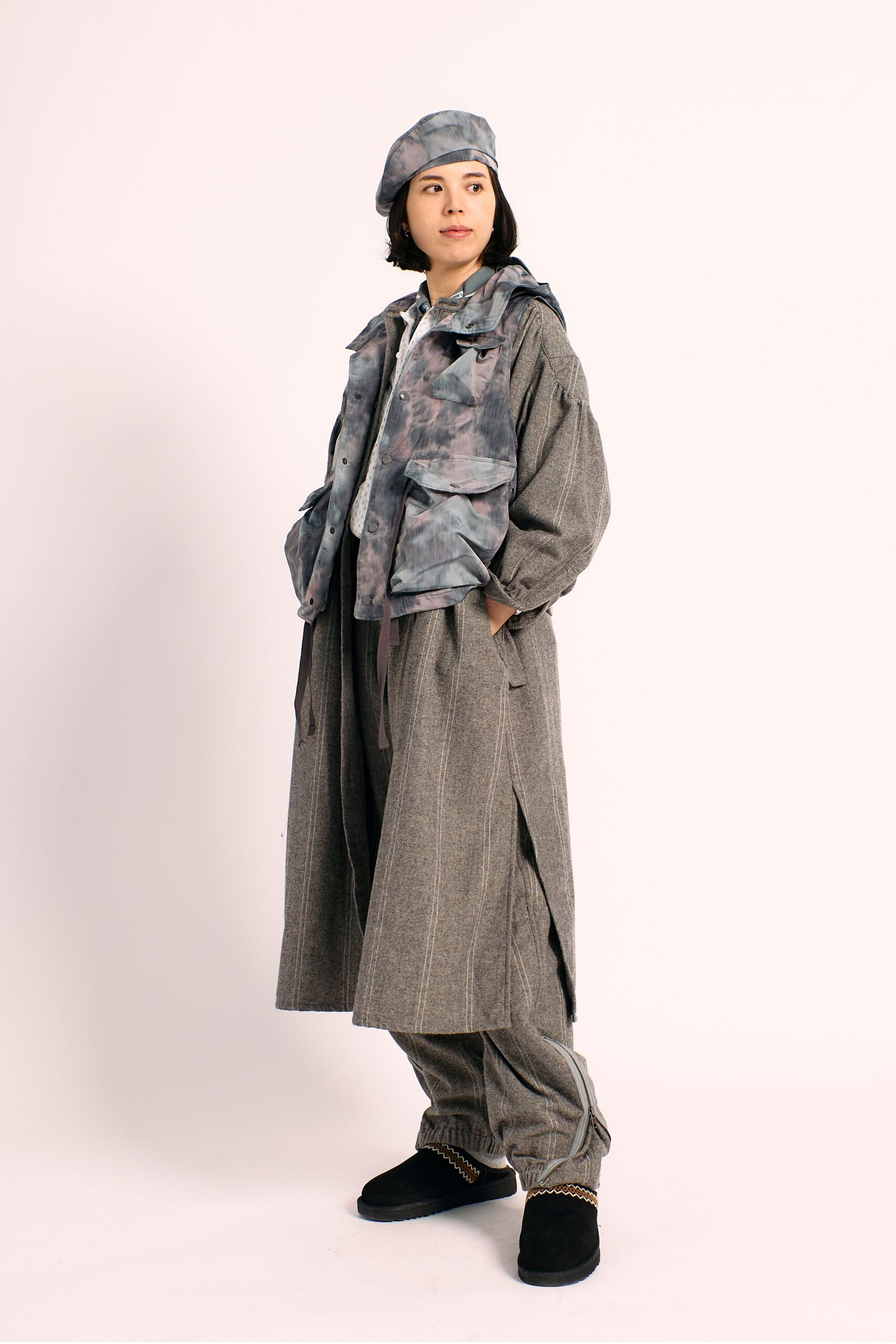 gray wool long-sleeve oversized pleated midi coat