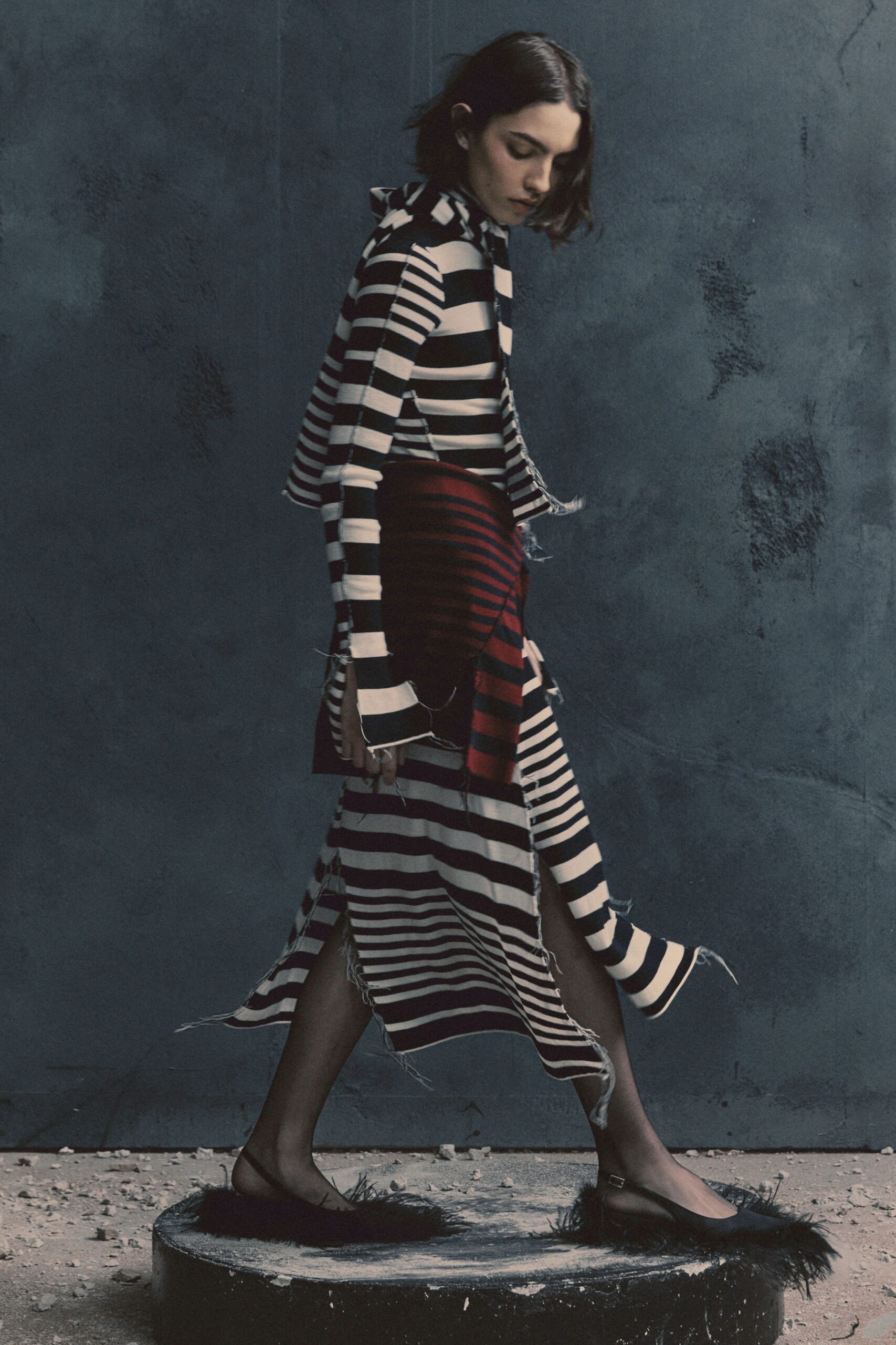 black cotton long-sleeve v-neck fitted striped midi dress