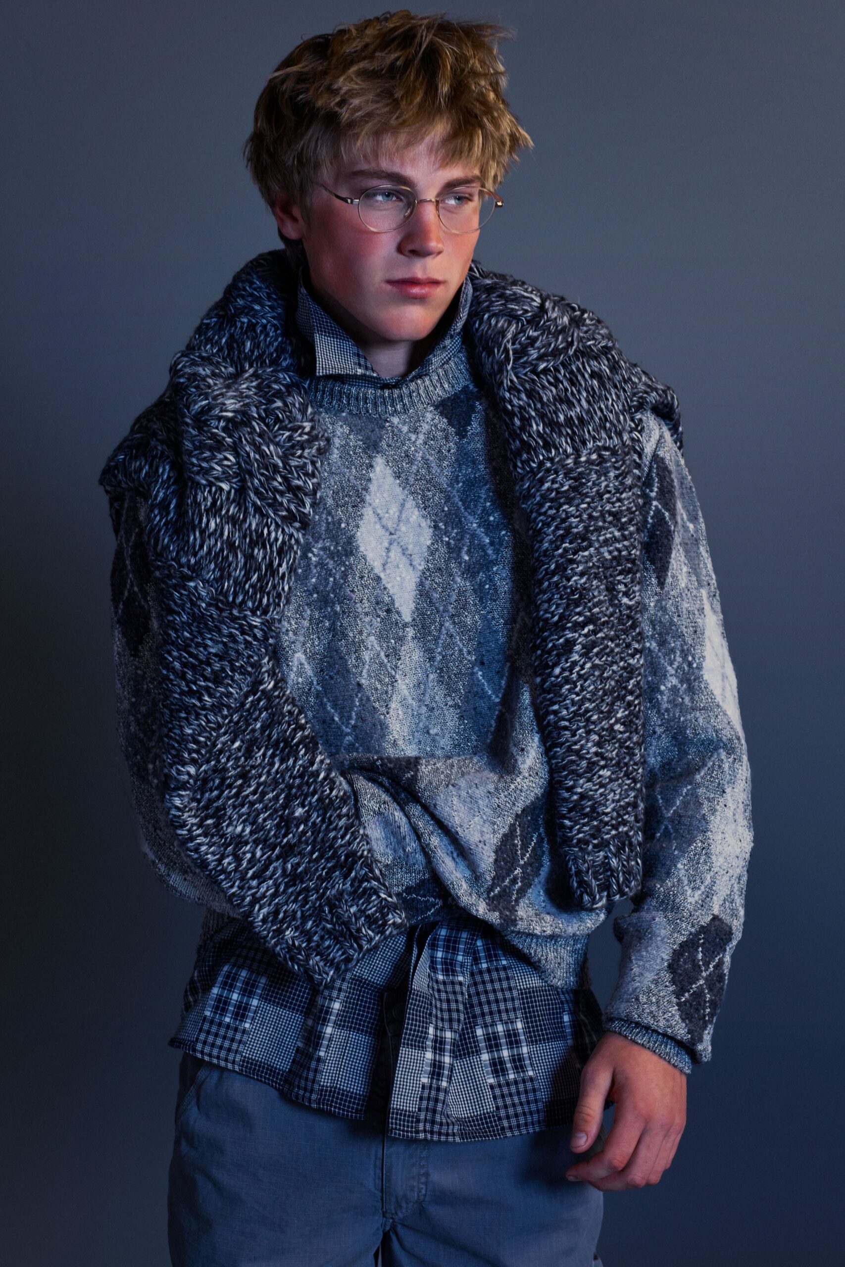 gray wool long-sleeve collared relaxed layered sweater