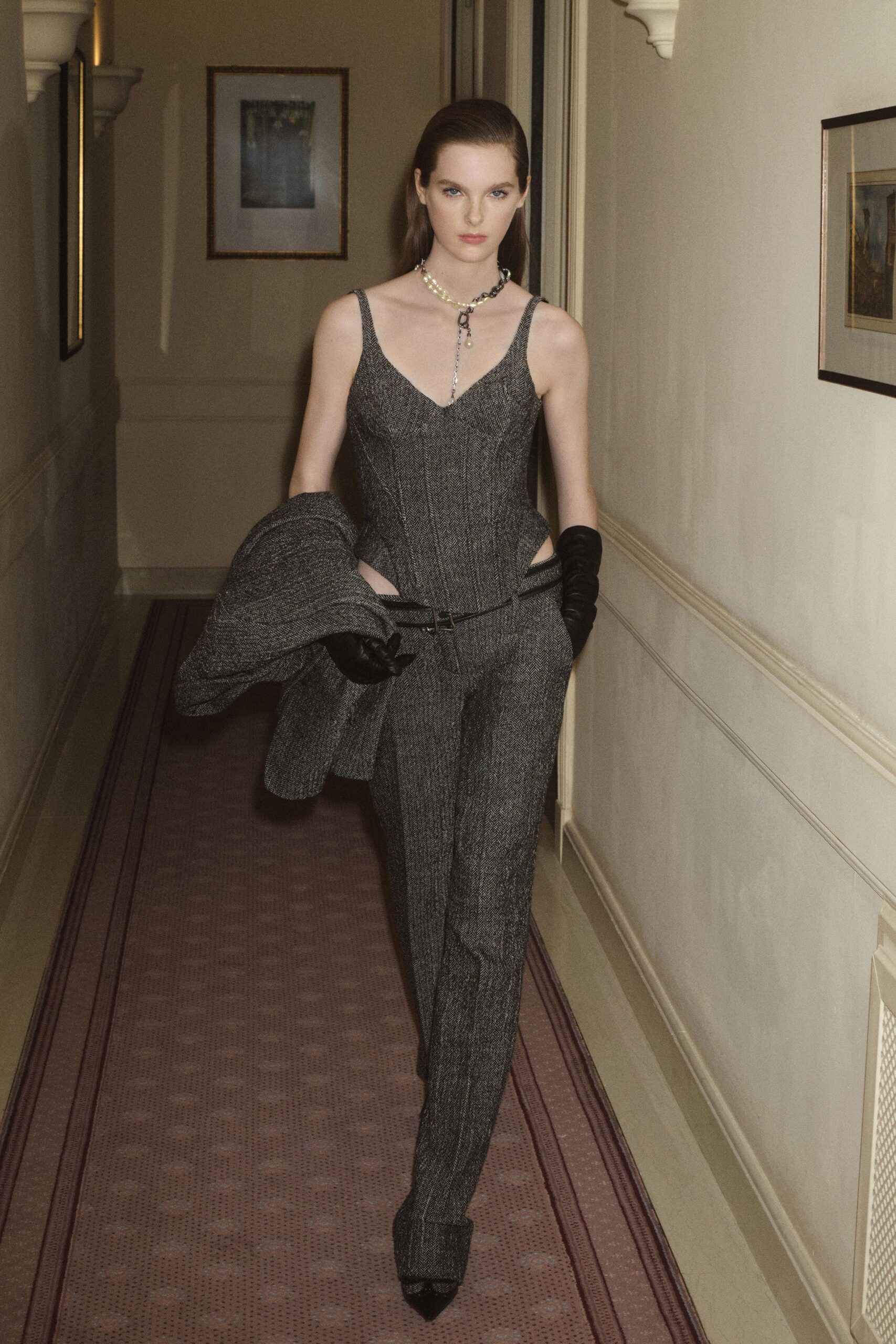 black gray fitted jumpsuit with blazer