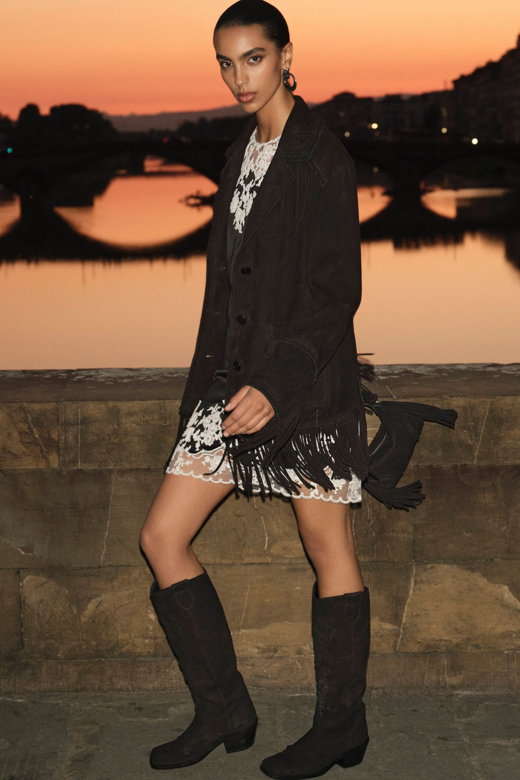 black suede jacket white lace dress