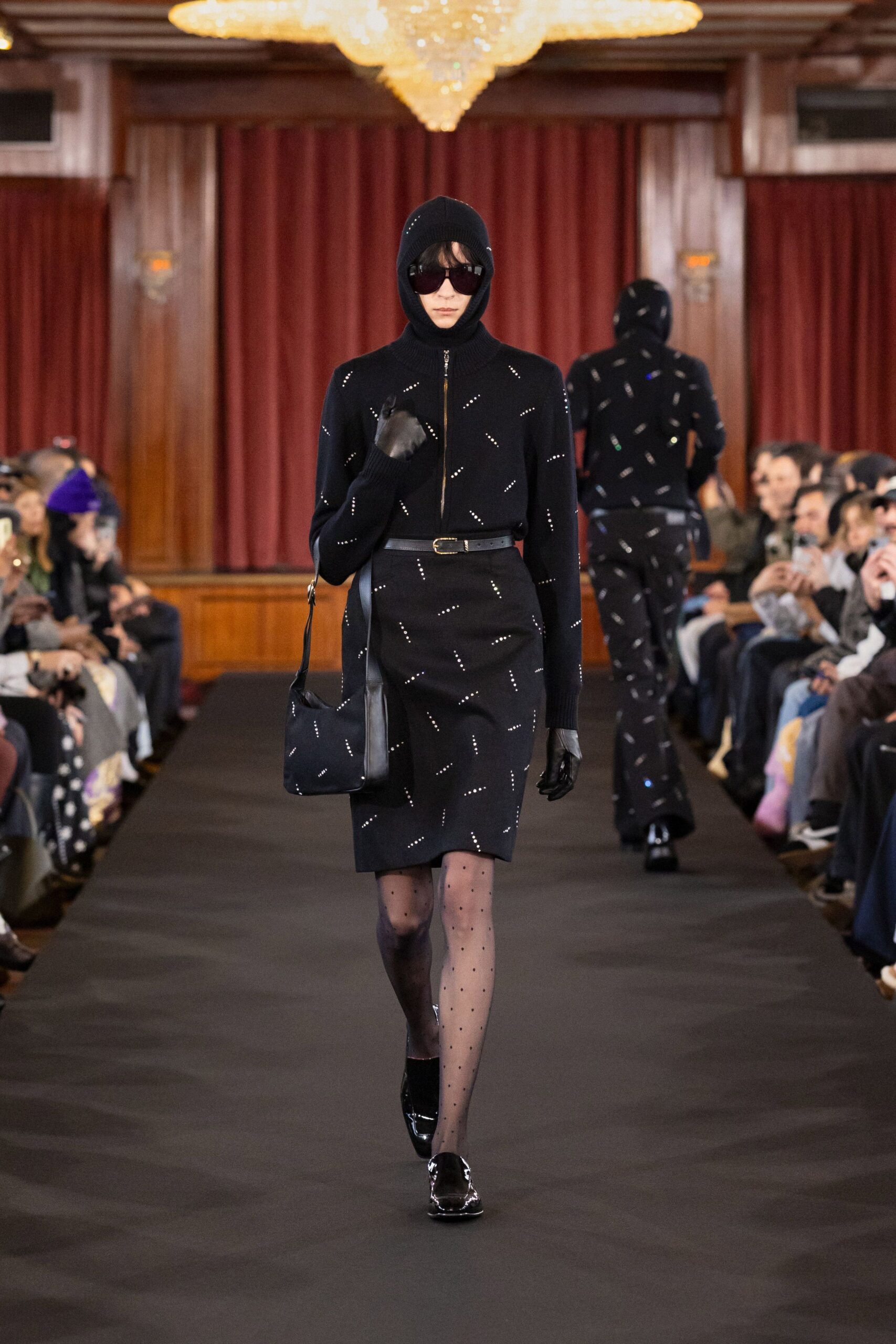 black fitted midi dress with gloves