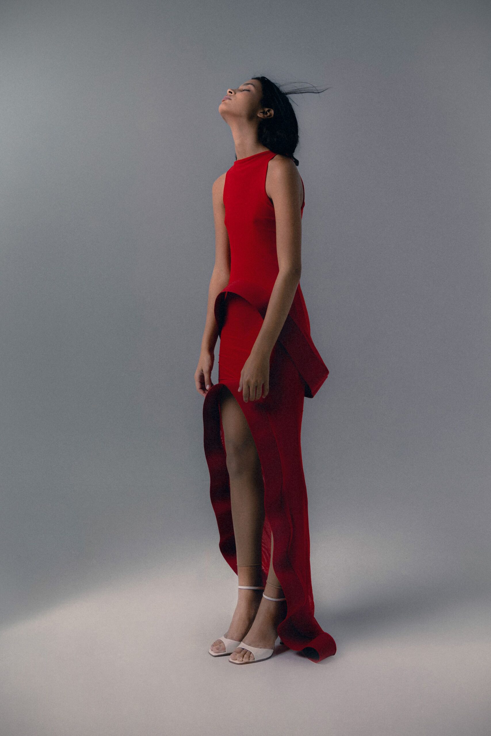 red neoprene asymmetric gown