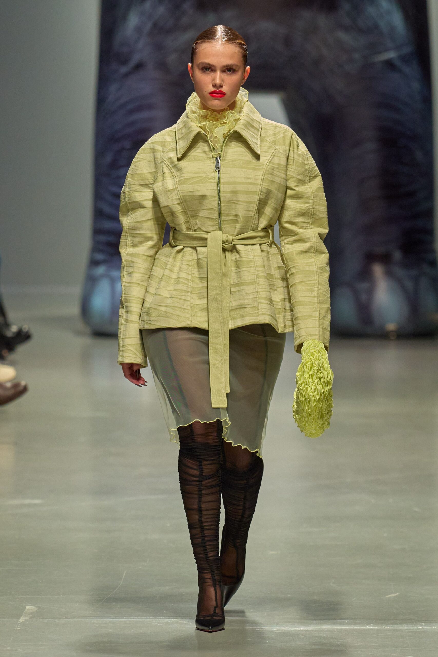 yellow cotton long-sleeve collared fitted belted jacket