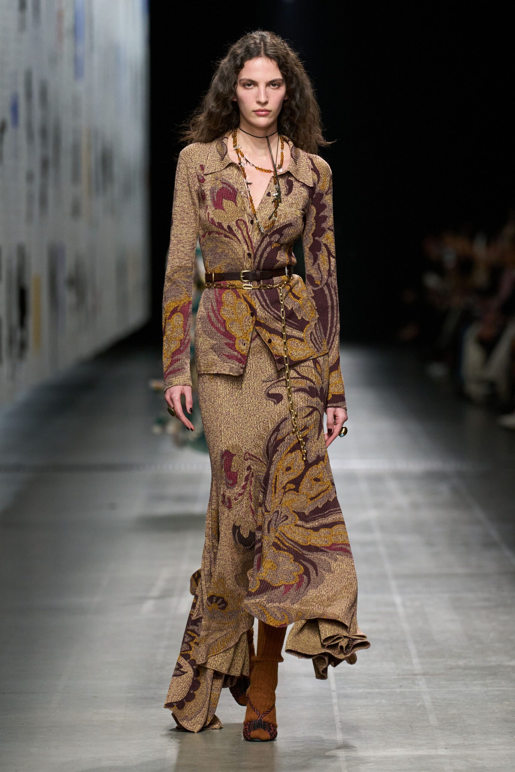 brown silk long-sleeve collared fitted flared printed dress