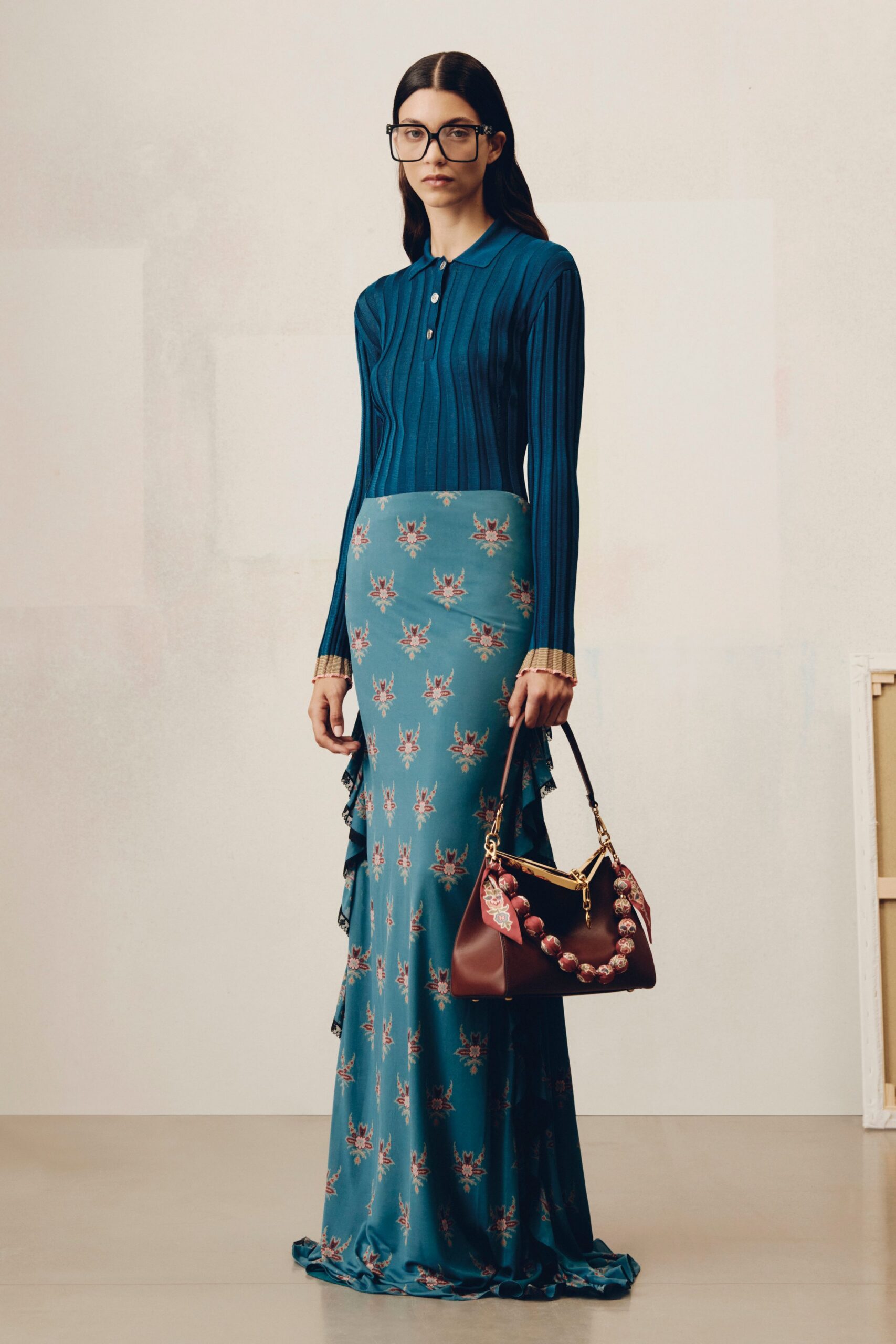 teal silk fitted high-waisted flared tiered maxi skirt