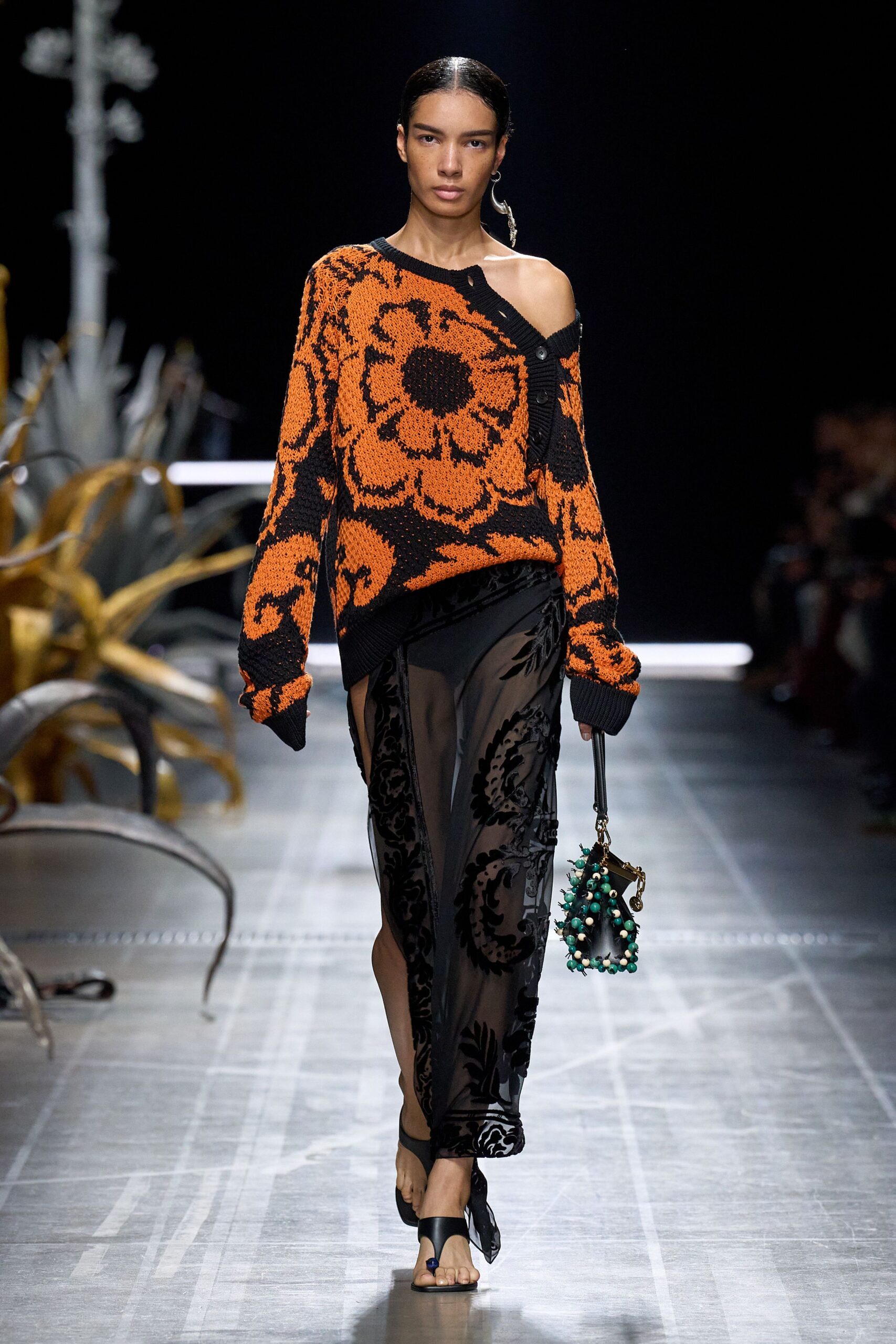 black cotton long-sleeve off-shoulder relaxed floral sweater