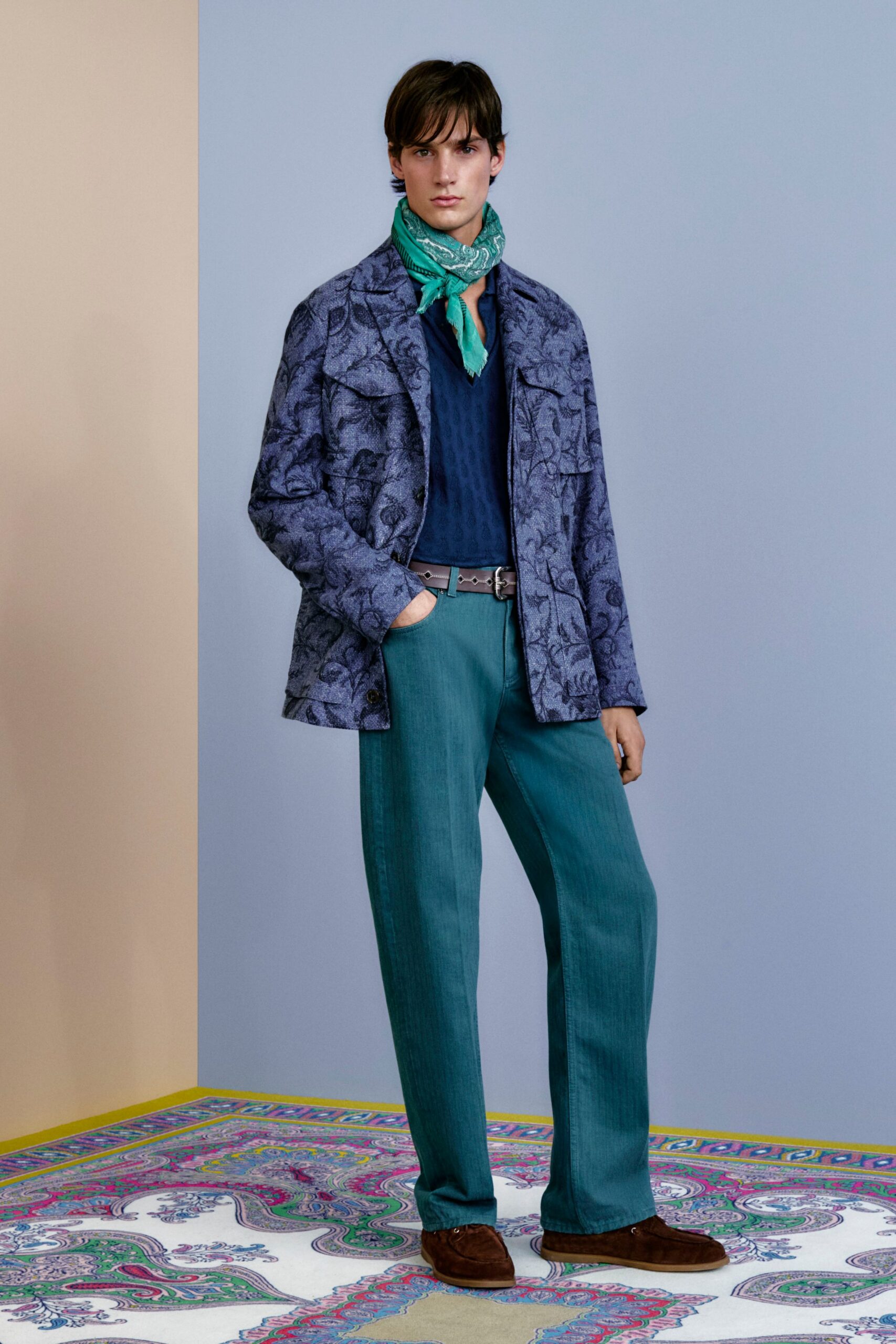 blue cotton long-sleeve collared structured printed jacket