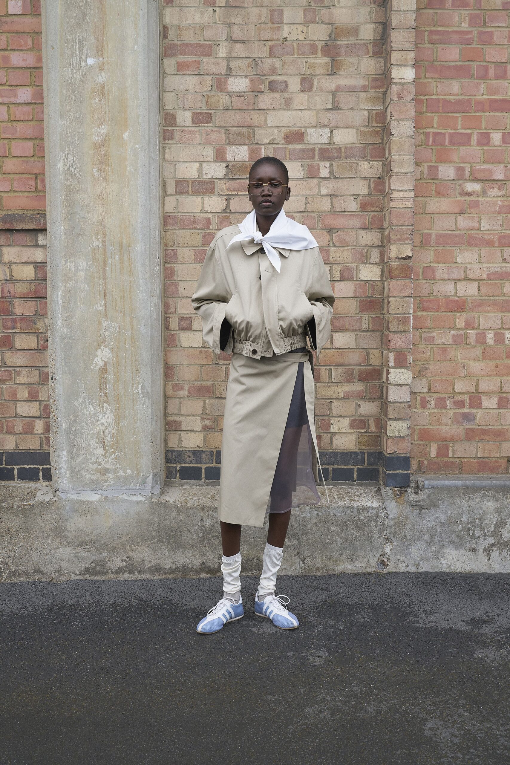 beige relaxed jacket with pencil skirt