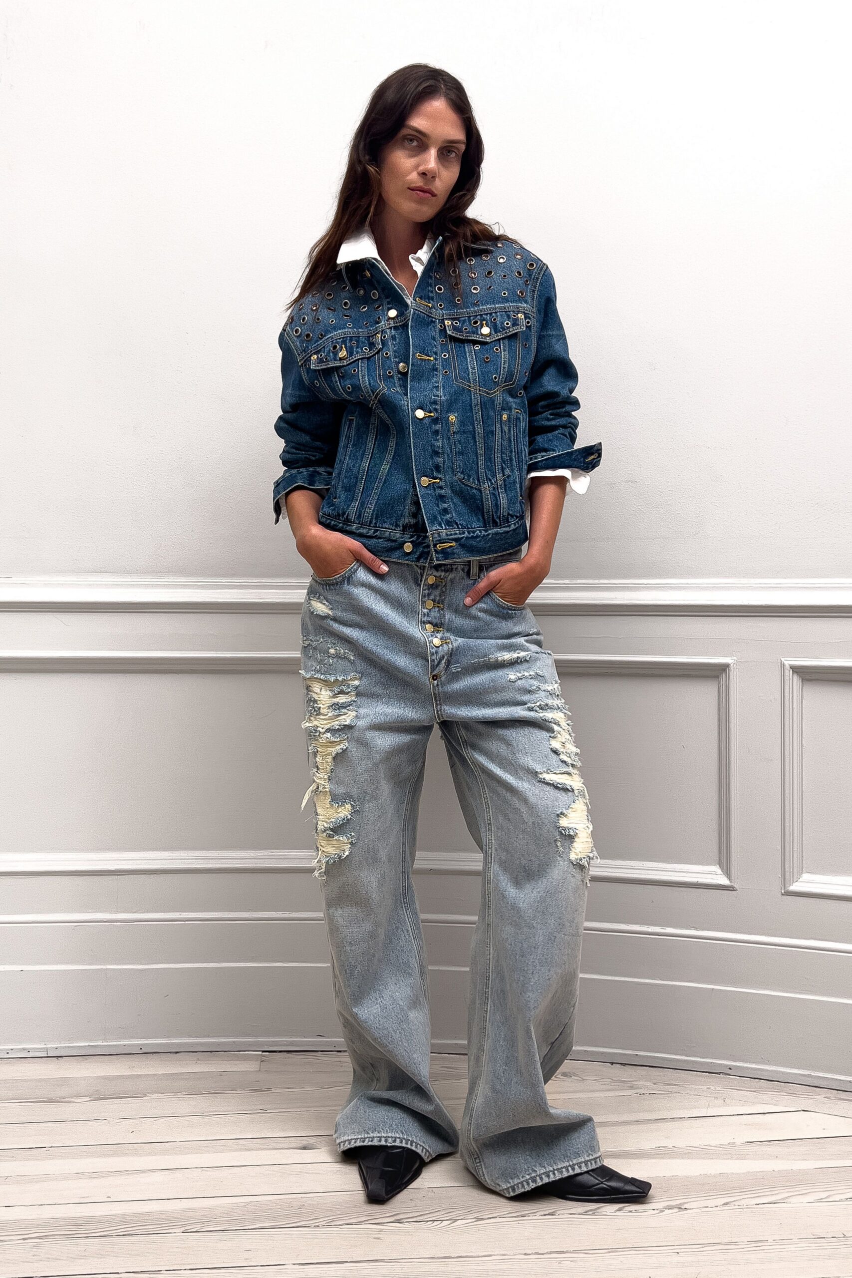 denim jacket with distressed jeans