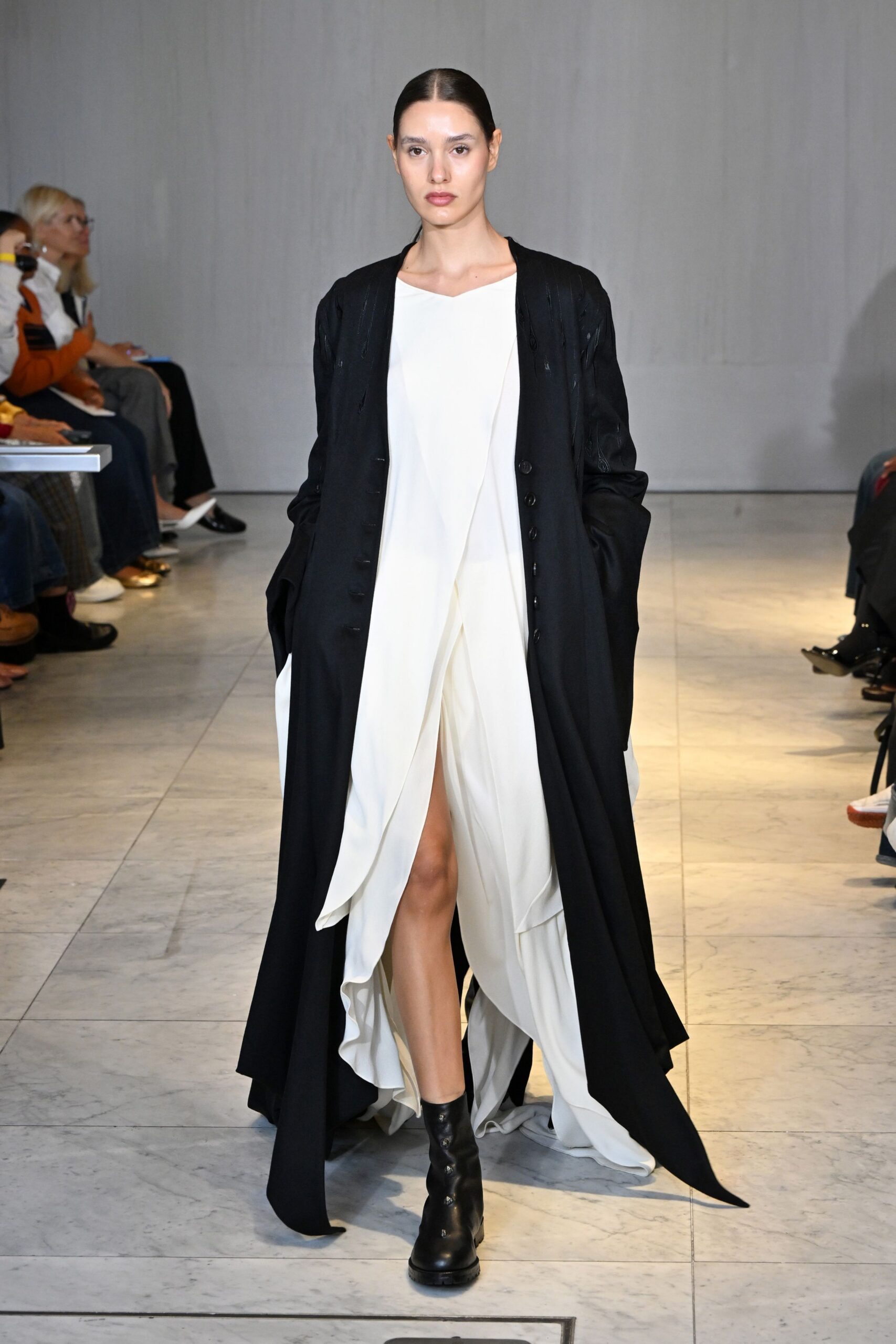 black wool long-sleeve collared relaxed buttoned maxi coat