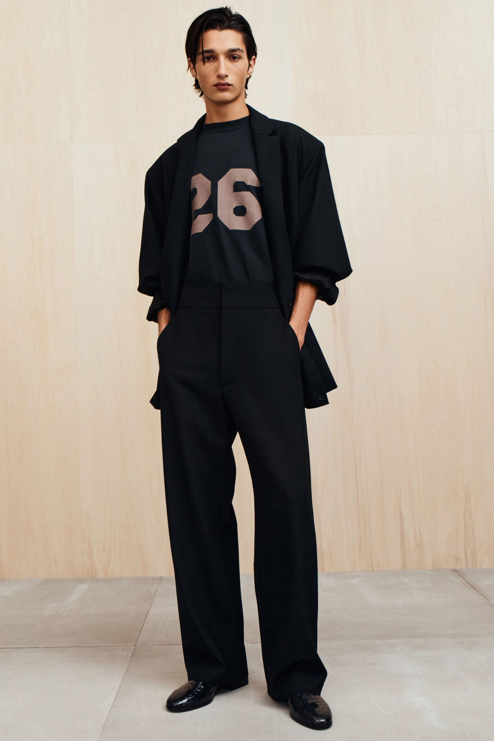 black blazer t-shirt tailored pants
