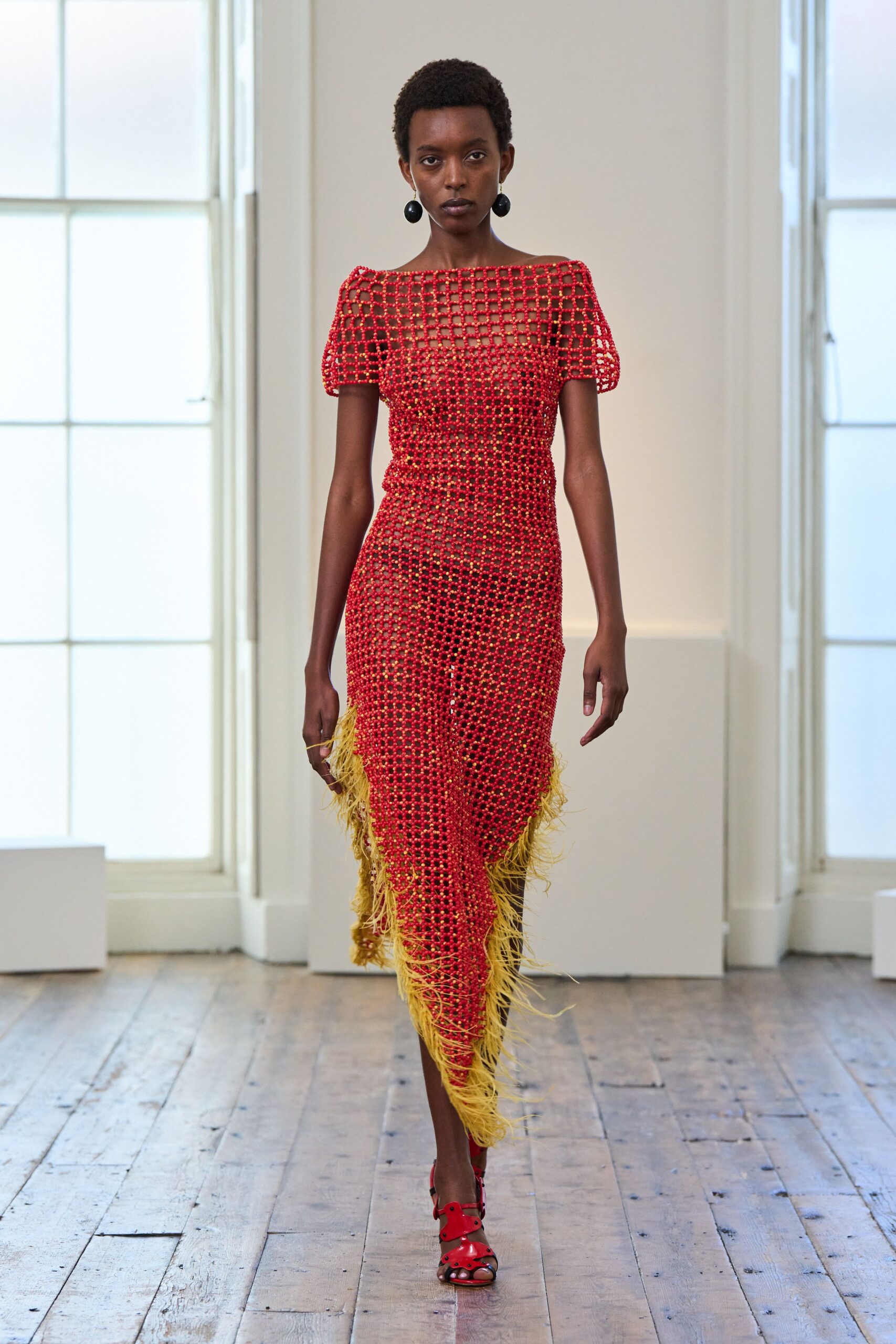 red cotton off-shoulder fitted fringed layered sheer dress