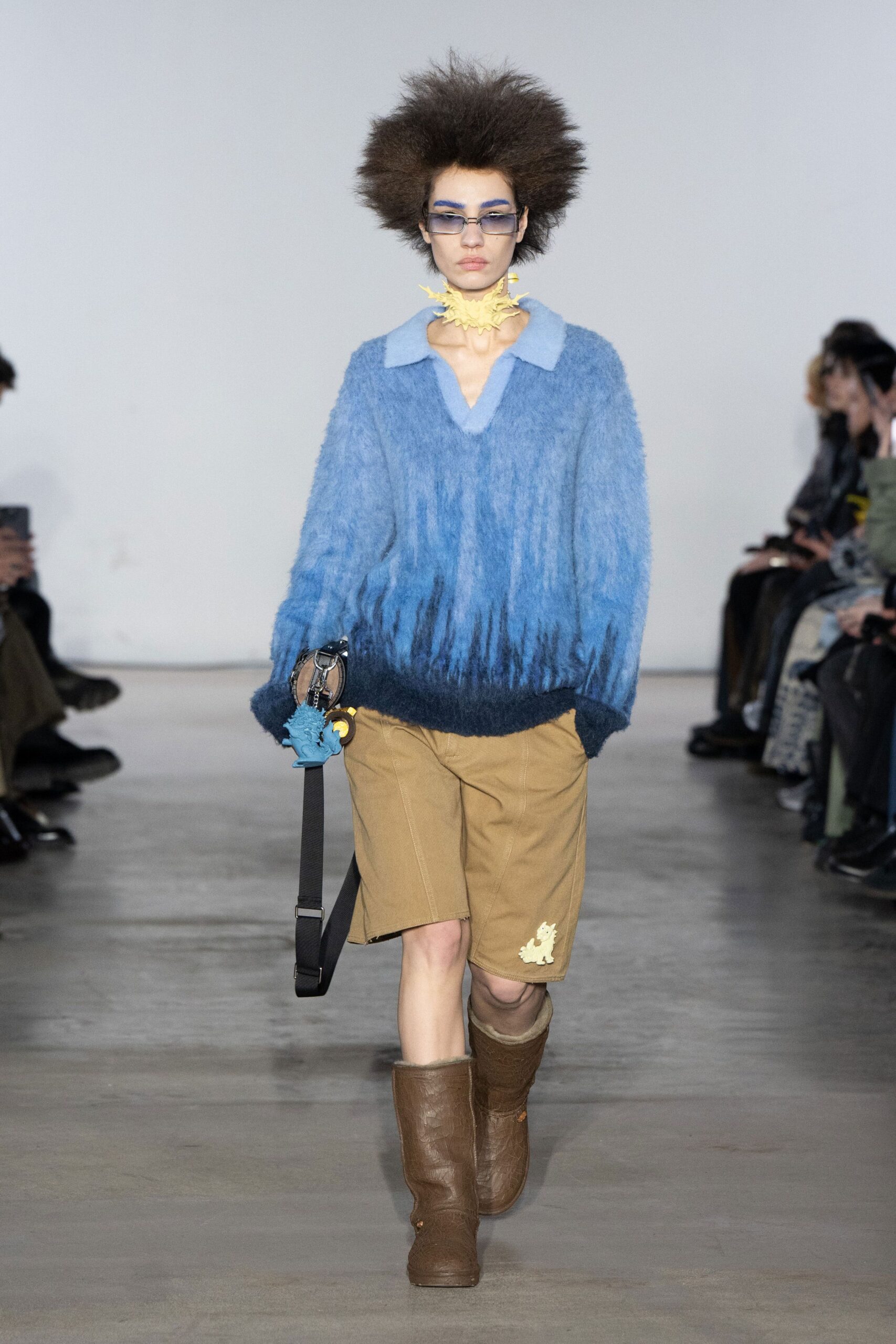 blue wool long-sleeve collared relaxed draped sweater