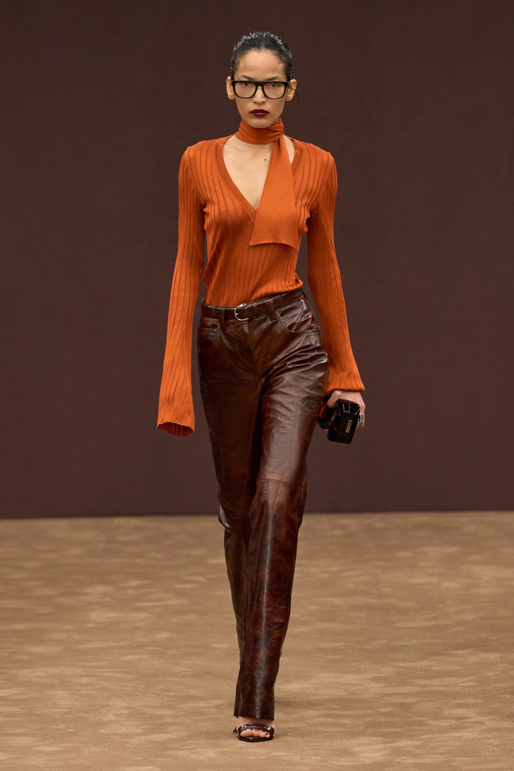 brown leather slim straight-leg pants