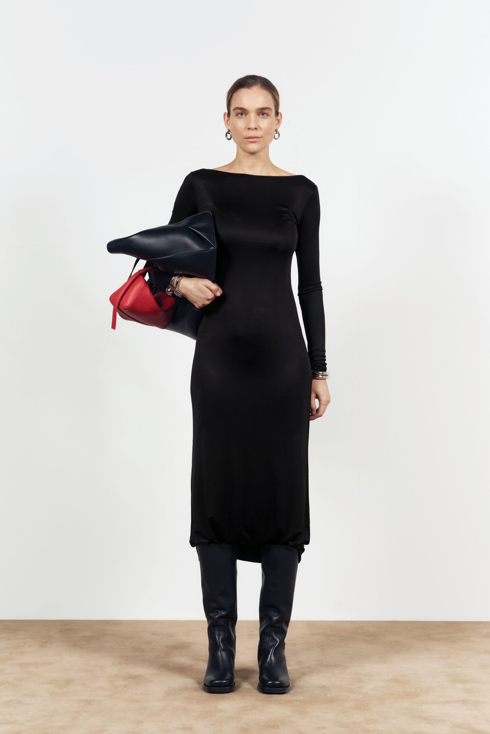 black cotton long-sleeve collared fitted straight-leg midi dress